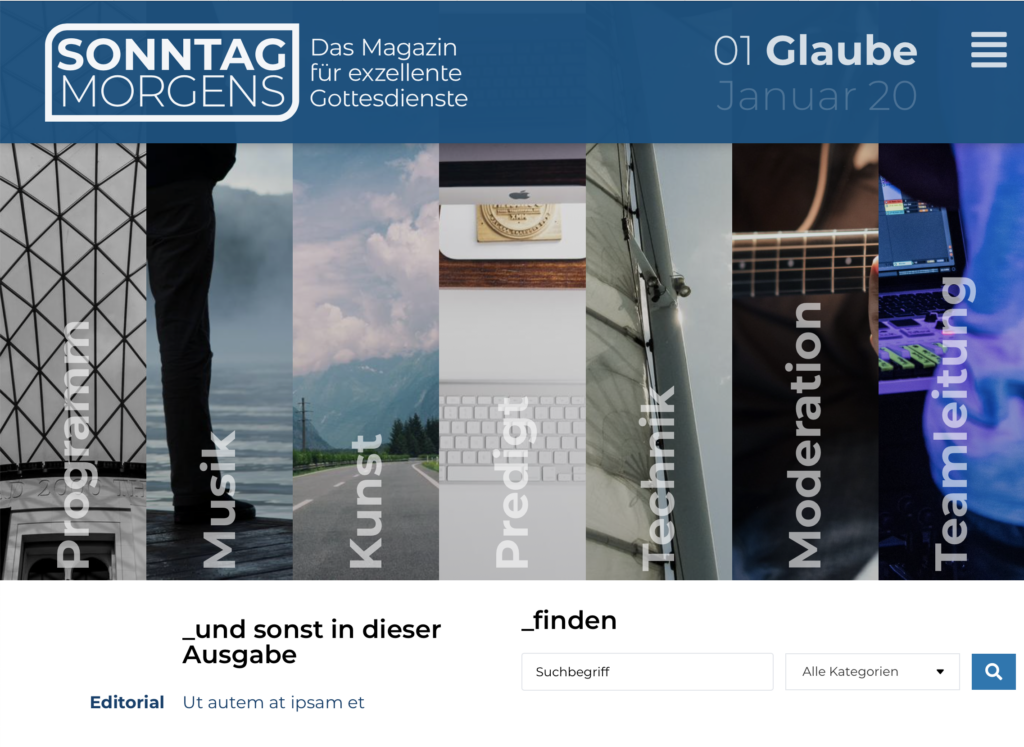Eine Website-Homepage für Sonntag Morgens, eine Zeitschrift für Gottesdienste, mit vertikalen Rubriken wie Programm, Musik, Kunst, Predigt, Technik, Moderation, Teamleitung und entsprechenden Bildern im Hintergrund.
