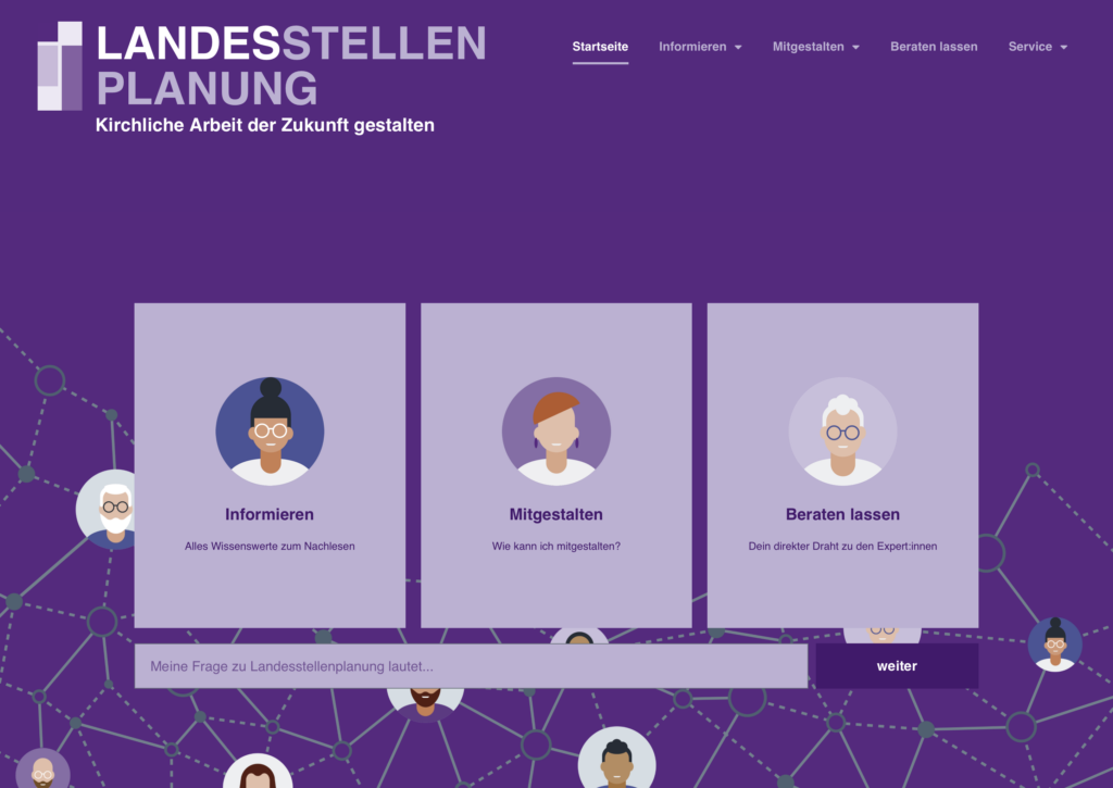 Eine lilafarbene Homepage für Landesstellenplanung mit drei Kästen, die illustrierte Avatare zeigen. Die Kästen sind mit Informieren, Mitgestalten und Beraten lassen beschriftet. Am unteren Rand befindet sich eine Suchleiste.