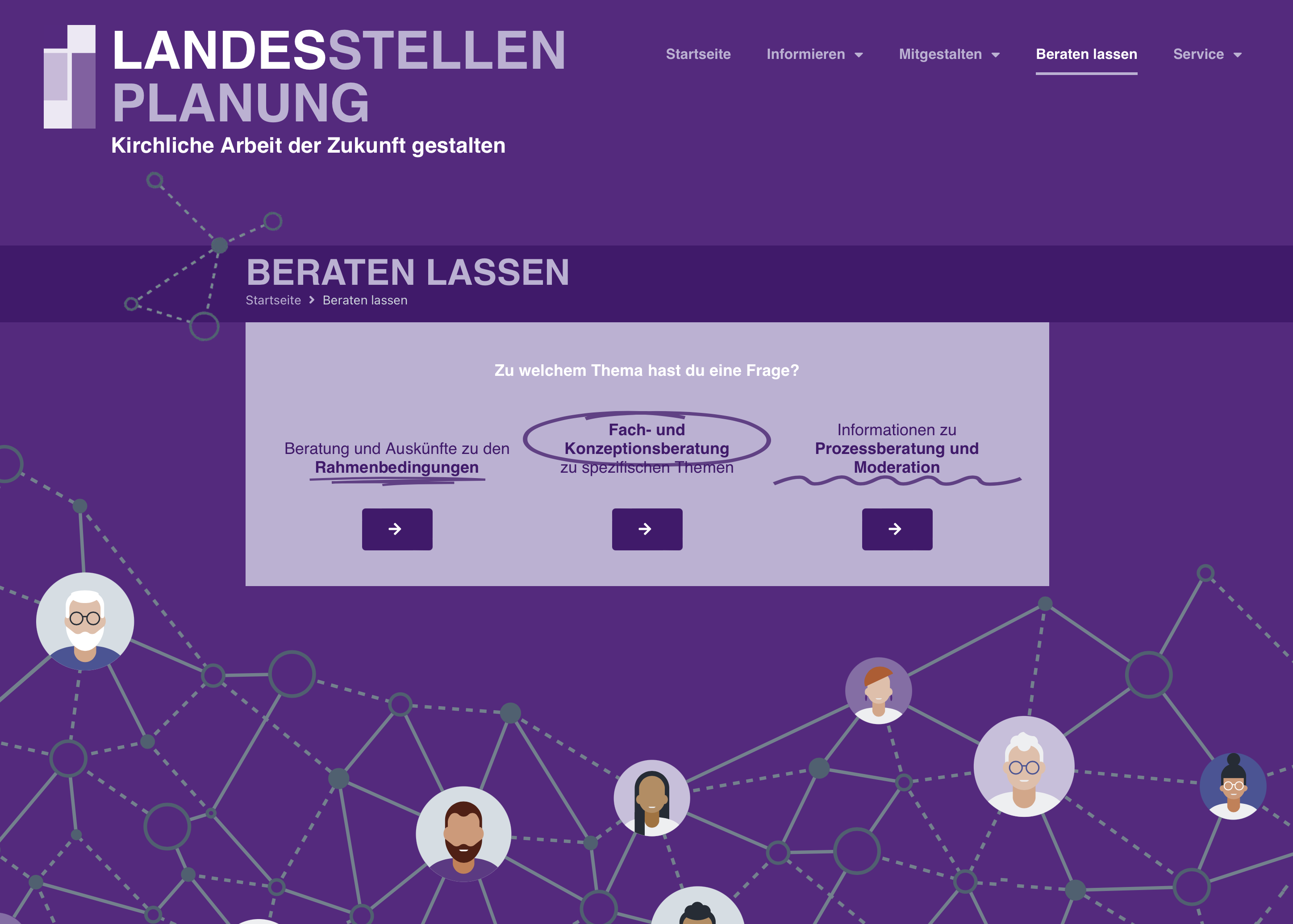 Screenshot einer lilafarbenen Website für die Landesstellenplanung mit einem Navigationsmenü, einem Abschnitt mit der Überschrift "Beraten lassen" und illustrierten Avatarsymbolen, die durch Linien in einem Netzmuster am unteren Rand verbunden sind.