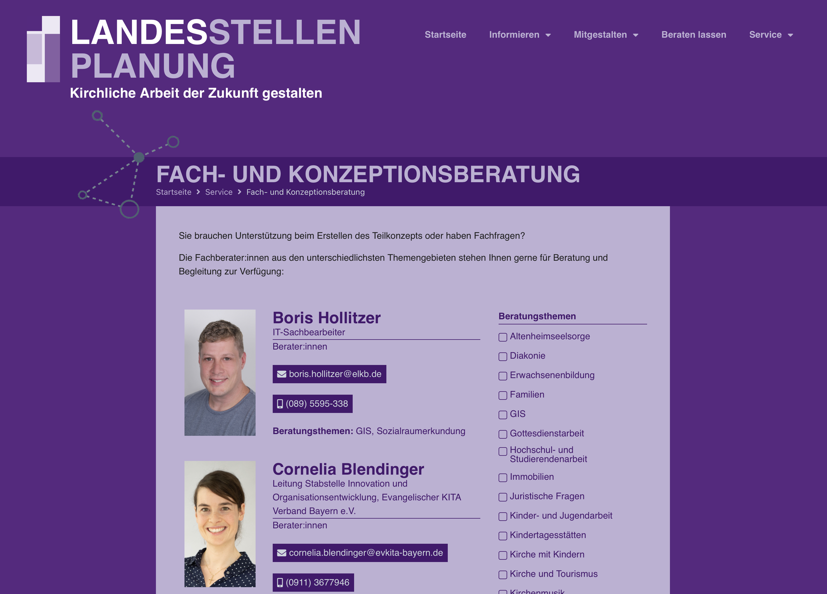 Screenshot einer Website der Landesstellenplanung mit Kontaktinformationen und Fotos von Boris Hollitzer und Cornelia Blendinger, die kirchliche Beratungsdienste anbieten. Die Seite ist in lila gehalten.
