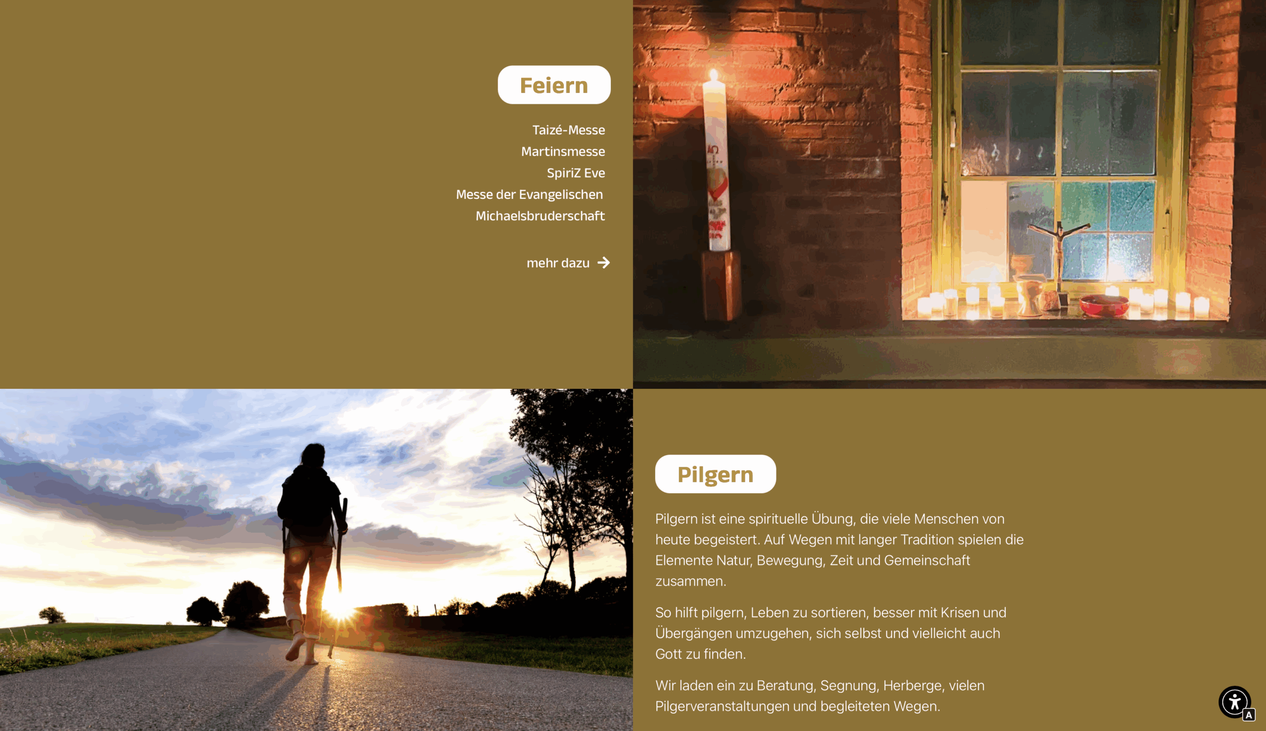 Eine Collage mit drei Abschnitten: oben links eine Liste mit kirchlichen Veranstaltungen auf braunem Hintergrund; oben rechts eine Kerze und brennende Teelichter auf einer nächtlichen Fensterbank; unten links eine Person, die bei Sonnenuntergang wandert.