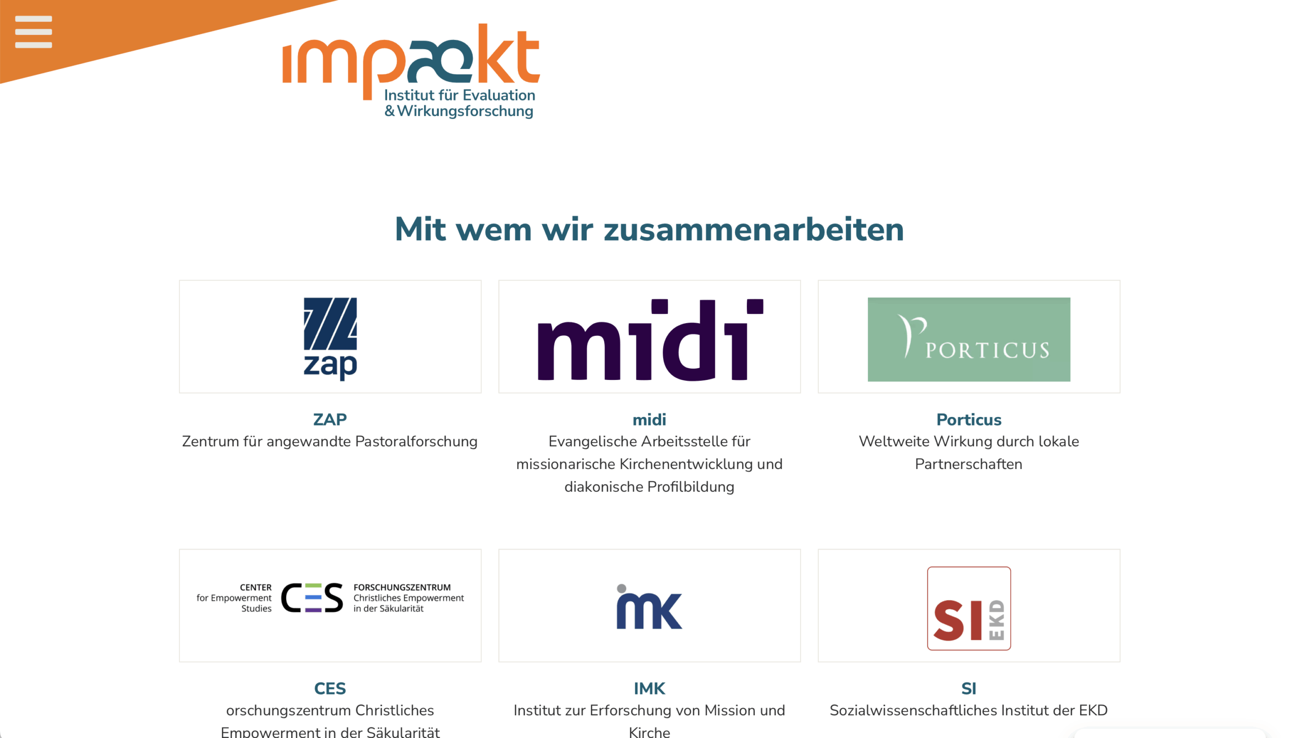 Auf einer Webseite des Impakt Instituts sind die Logos der Partnerorganisationen, darunter ZAP, midi, Porticus, CES, IMK und SIEKO, in zwei Reihen mit deutschem Text über die Zusammenarbeit angeordnet.