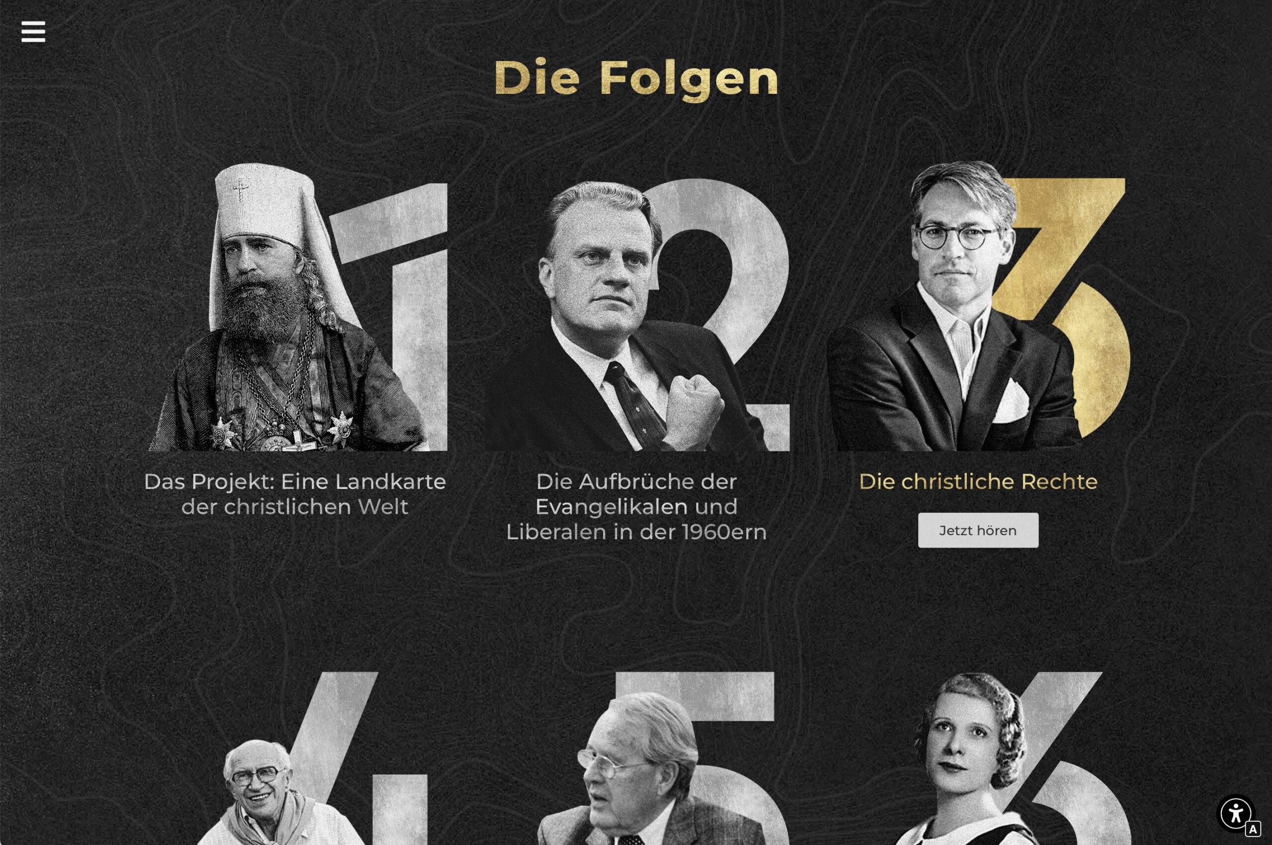 Drei Schwarz-Weiß-Fotos von religiösen Figuren mit großen Zahlen 1, 2 und 3 überlagert. Deutsche Texttitel jeweils: "Das Projekt", "Die Aufbrüche" und "Die christlichen Rechte", mit einer hervorgehobenen Schaltfläche unter Nummer 3.