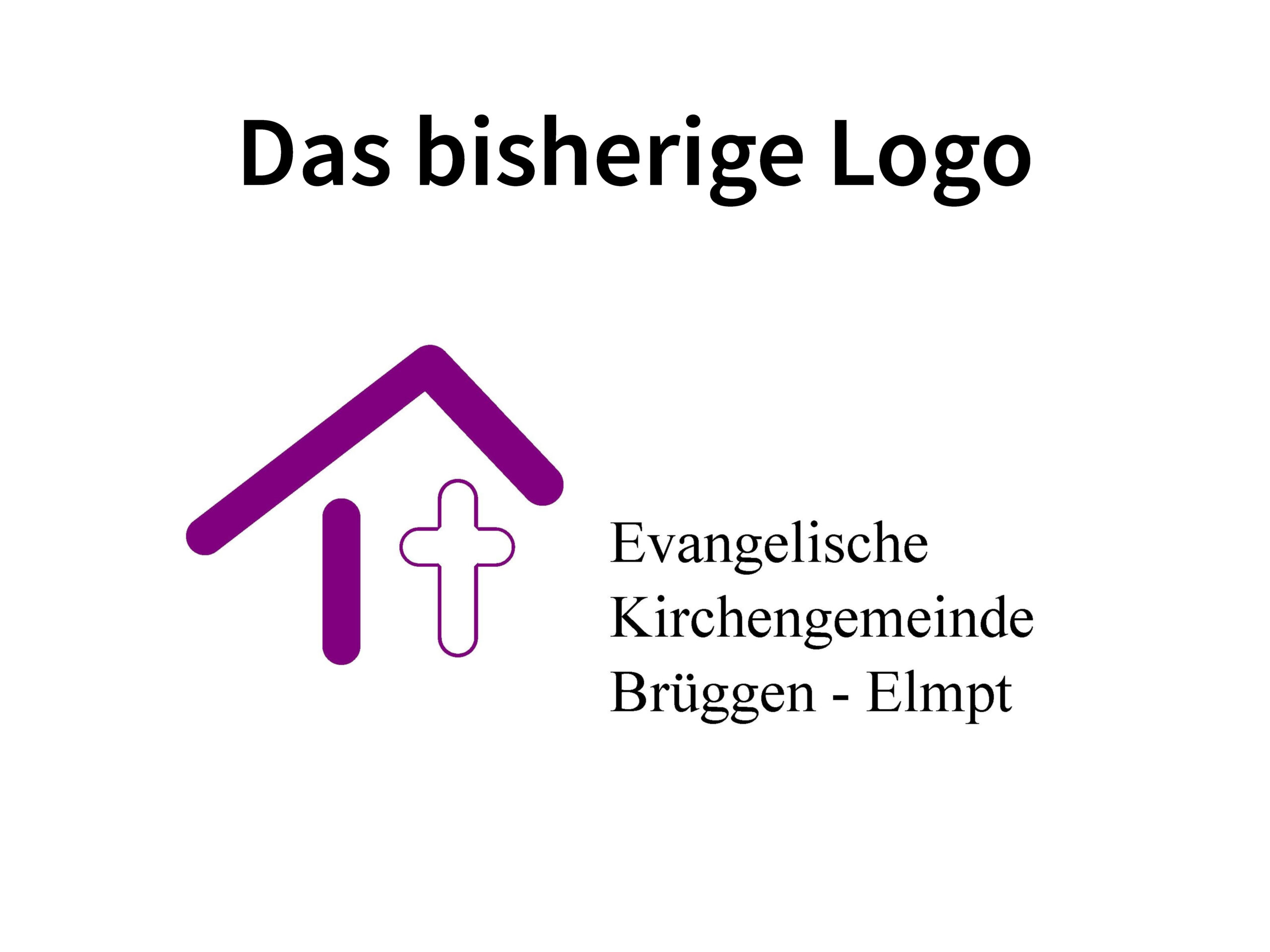 Stilisierter lila Hausumriss mit zwei Kreuzen, daneben der Text: Evangelische Kirchengemeinde Brüggen - Elmpt unter Das bisherige Logo.