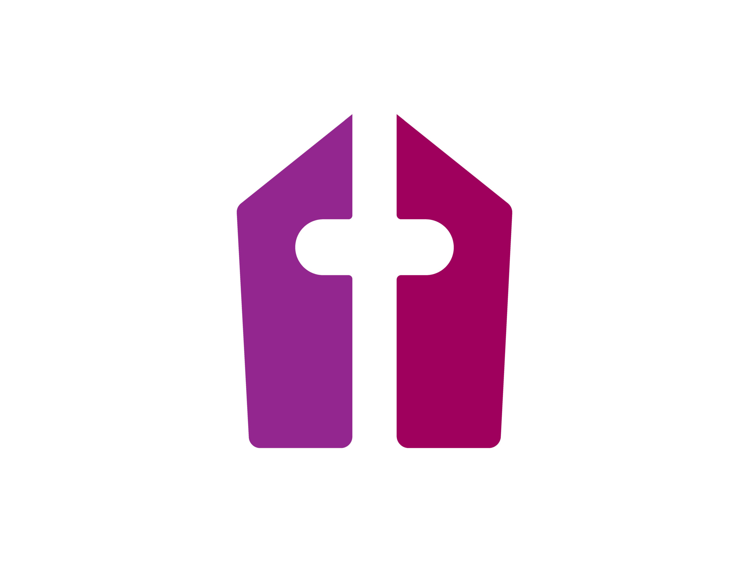 Ein stilisiertes Logo mit zwei magentafarbenen Formen, die ein Haus mit einem weißen Kreuz in der Mitte bilden, auf weißem Hintergrund.