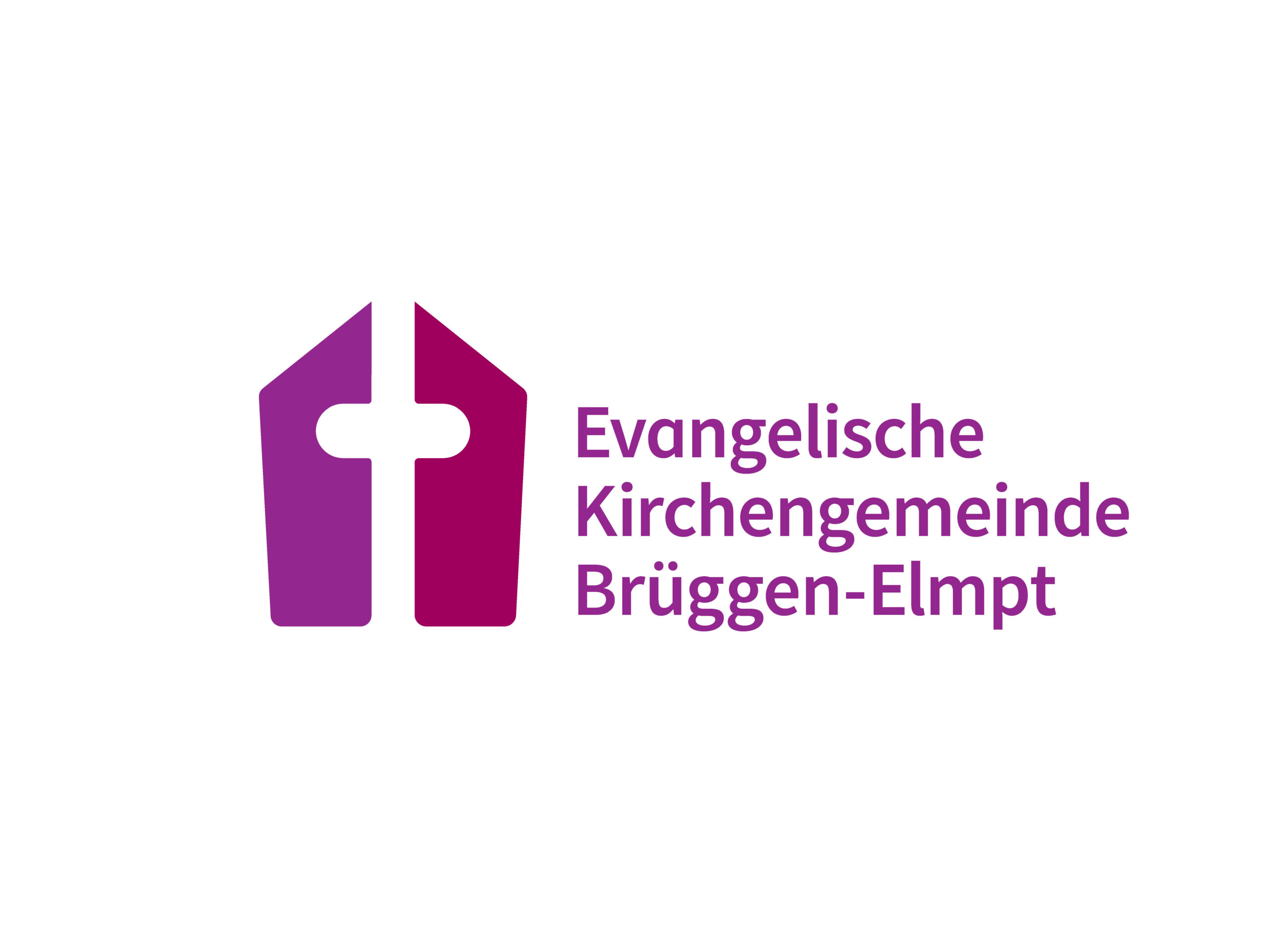 Violettes Logo mit einer stilisierten Kirche und einem Kreuz, daneben der Text Evangelische Kirchengemeinde Brüggen-Elmpt in Violett auf weißem Hintergrund.