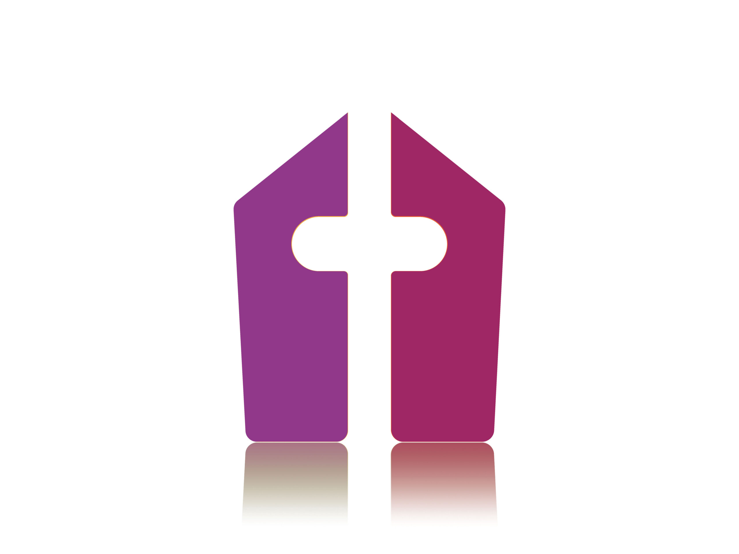 Abstraktes Logo mit zwei geometrischen Formen, die eine Kirche mit einem Kreuz in der Mitte bilden, mit lila und rosa Farben, und eine subtile Reflexion unten.