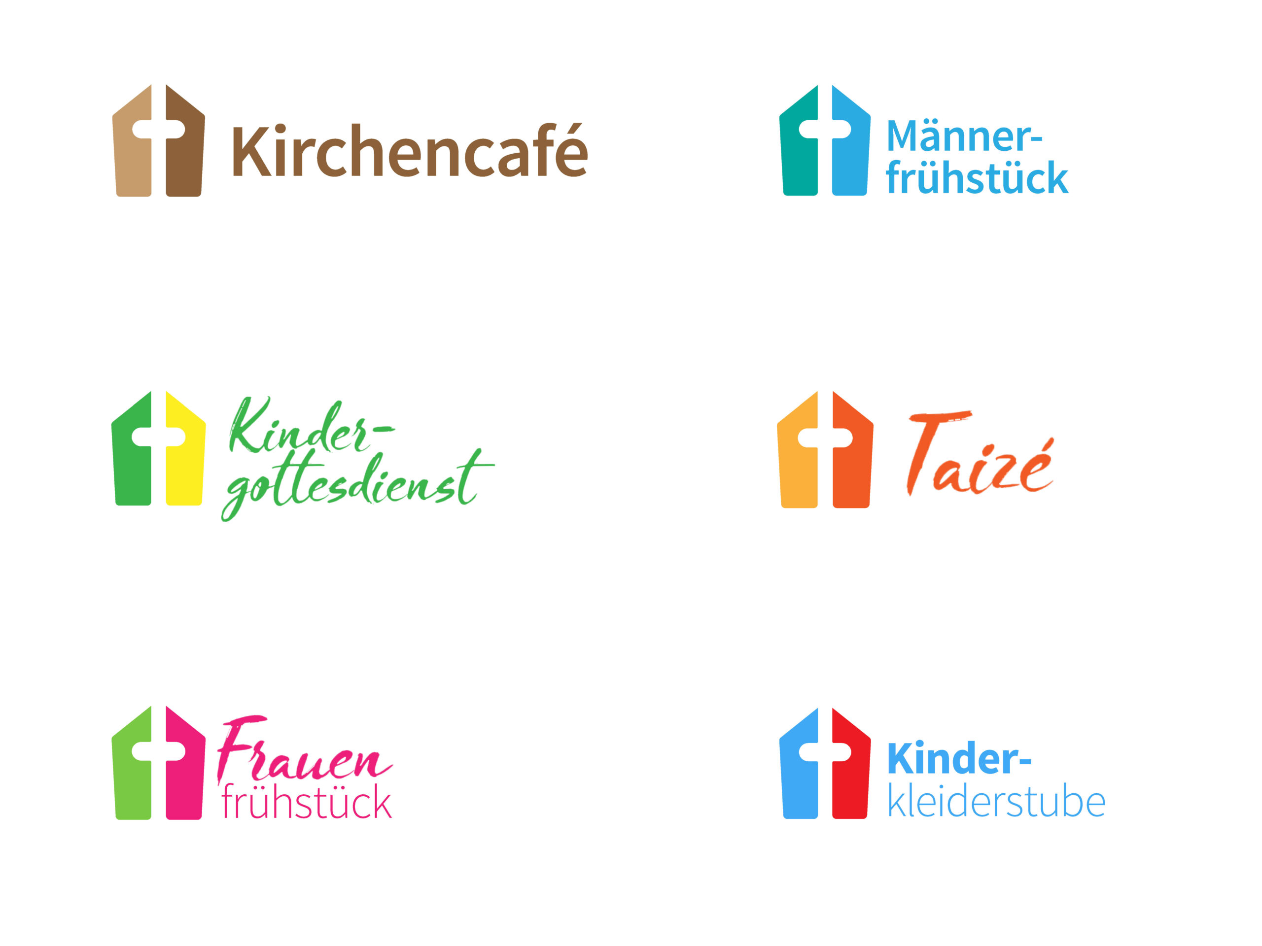 Sechs farbenfrohe Kirchenlogos mit deutschem Text, die jeweils für verschiedene kirchliche Aktivitäten stehen: Café, Männerfrühstück, Kindergottesdienst, Taizé, Frauenfrühstück, Kinderkleiderkammer.