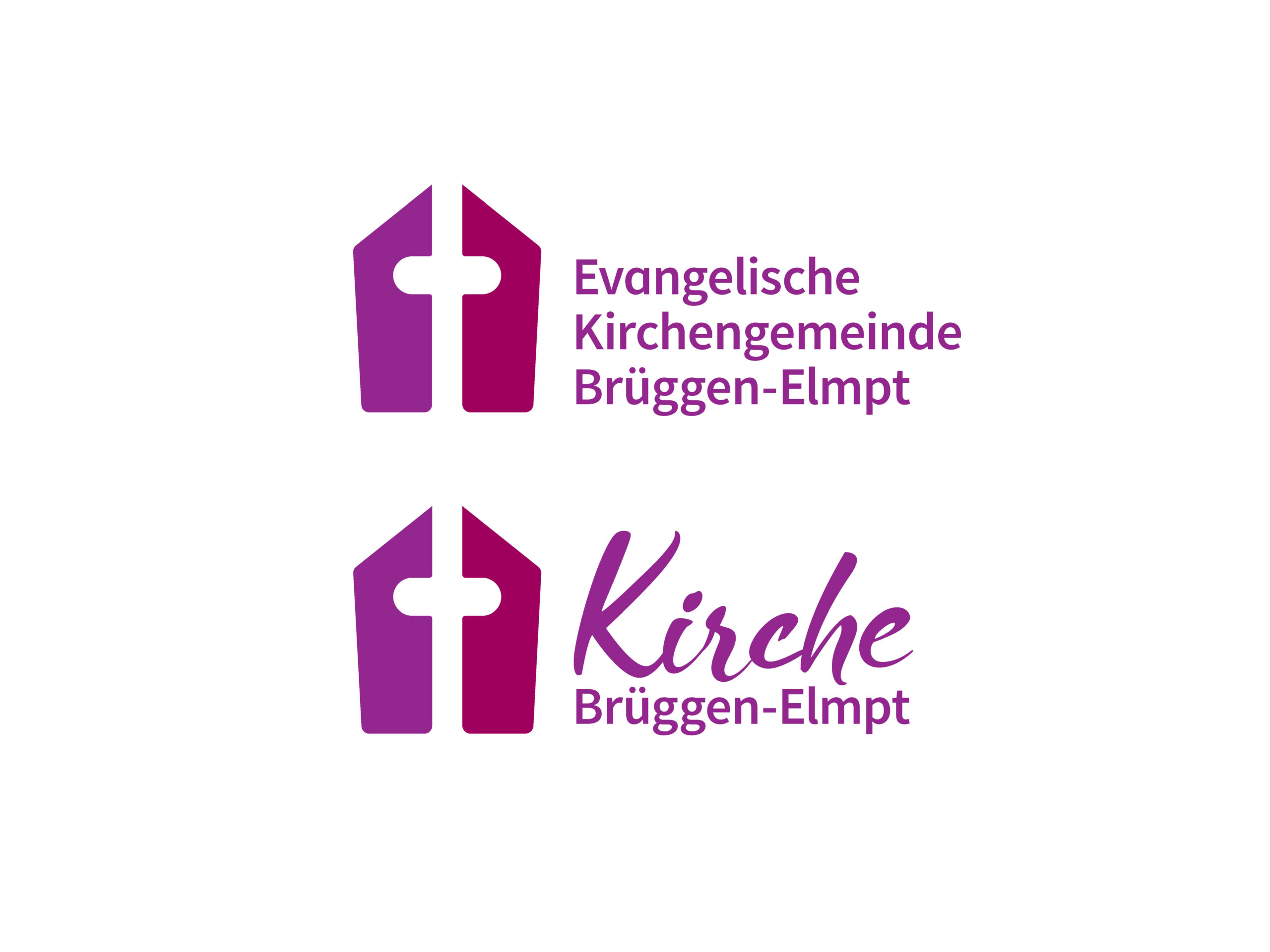 Zwei violette Kirchenlogos mit einem Kreuz, eines mit Evangelische Kirchengemeinde Brüggen-Elmpt und das andere mit Kirche Brüggen-Elmpt in verschiedenen Schriftarten.
