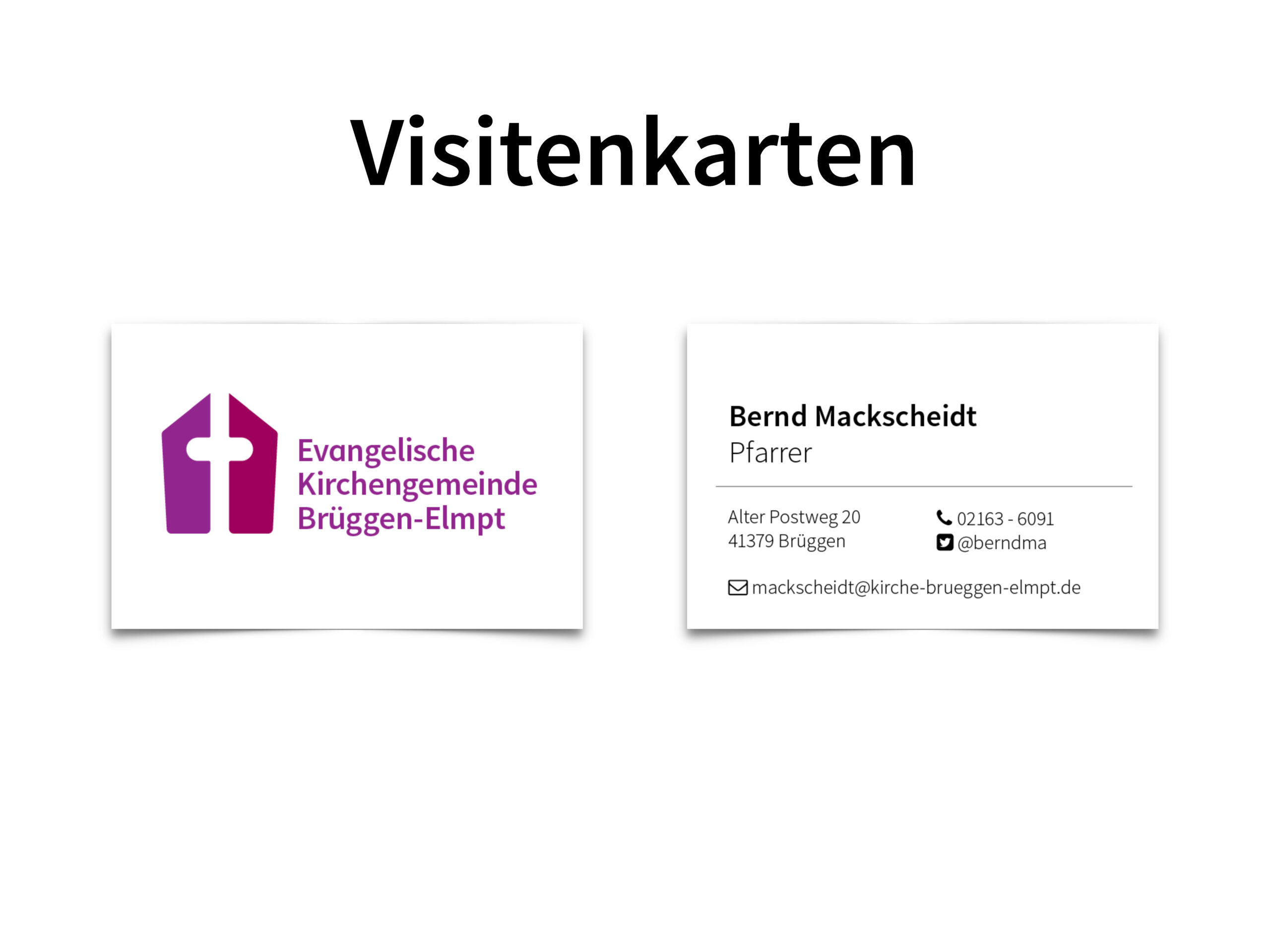 Zwei Visitenkarten: eine mit einem lila Kirchenlogo und der Evangelischen Kirchengemeinde Brüggen-Elmpt, die andere mit den Kontaktdaten von Bernd Mackscheidt, Pfarrer.