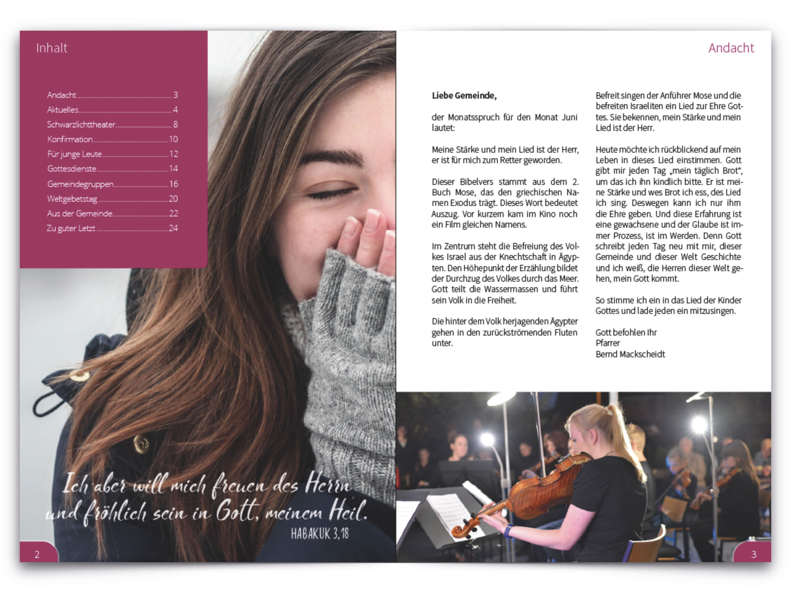 Eine Zeitschriftenseite mit einem Inhaltsverzeichnis und einem Foto eines lächelnden Mädchens auf der linken Seite und einem Brief und Orchestermusikern auf der rechten Seite.