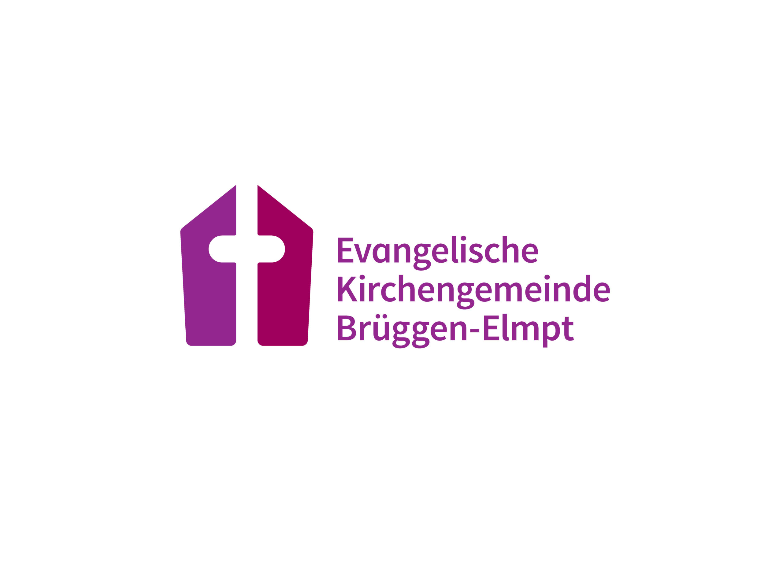 Lila Kirchenlogo mit einem Kreuz und deutschem Text: Evangelische Kirchengemeinde Brüggen-Elmpt auf weißem Hintergrund.