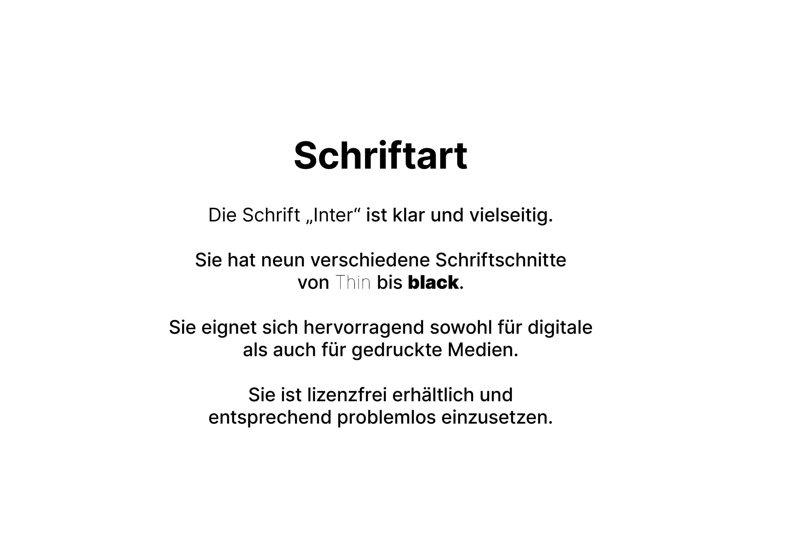 Deutscher Text über die Schriftart Inter, der ihre Klarheit, Vielseitigkeit, neun Stile von dünn bis schwarz, ihre Eignung für Digital- und Printmedien und ihre einfache Lizenzierung beschreibt.