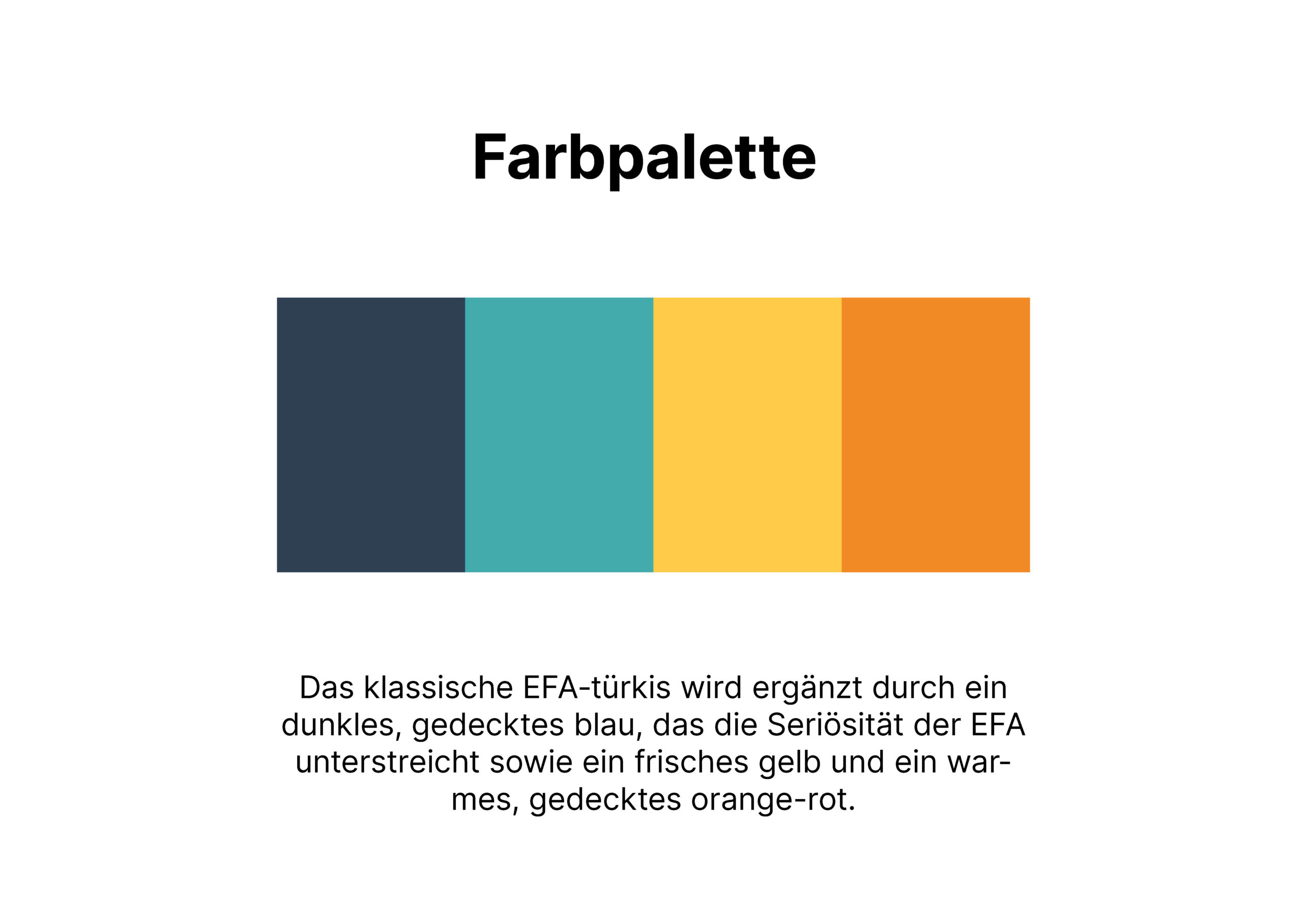 Eine Farbpalette mit vier Balken: dunkelblau, türkis, gelb und orange-rot. Darunter Beschreibung des Farbkonzepts auf Deutsch.