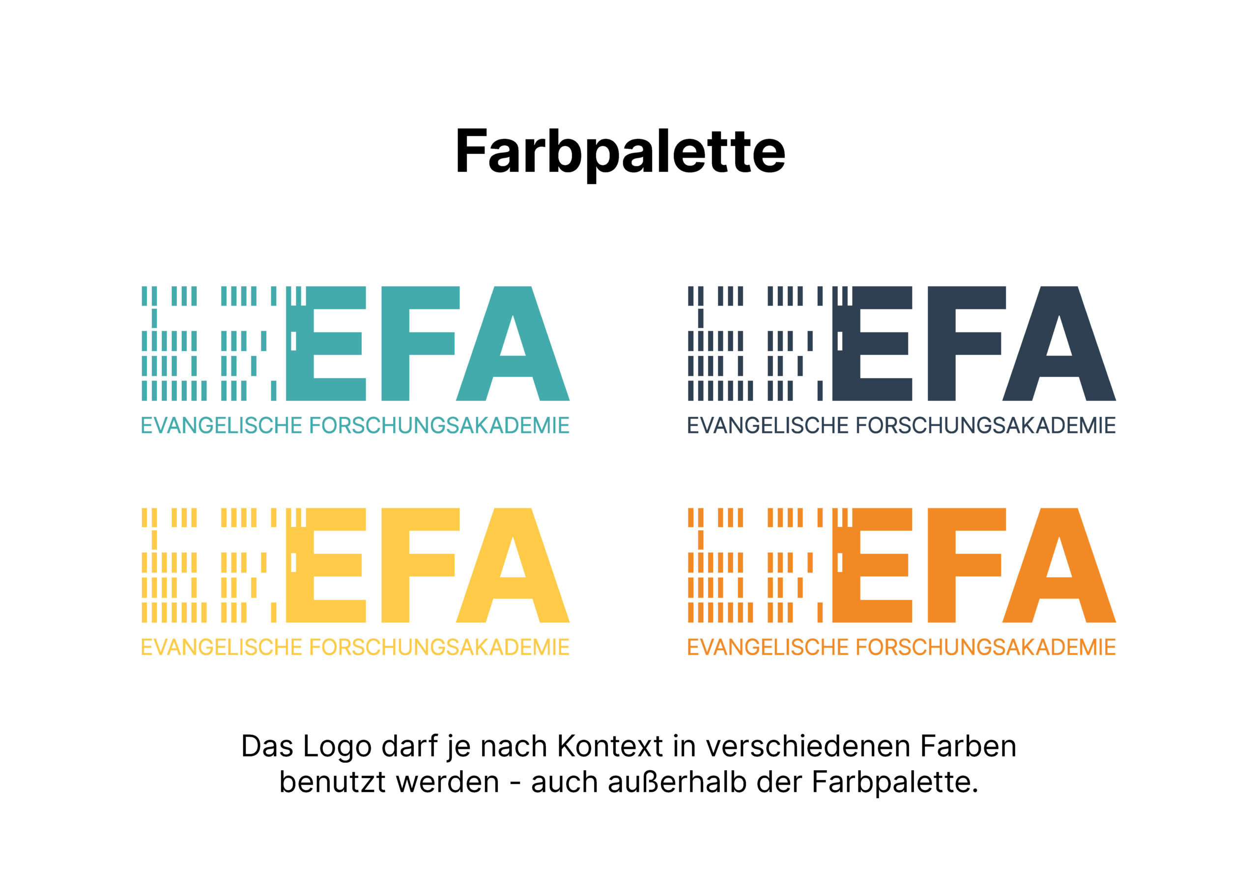 Vier EFA-Logos in verschiedenen Farbschemata: türkis, dunkelblau, orange und türkis. Auf jedem Logo steht EVANGELISCHE FORSCHUNGSAKADEMIE unter EFA.