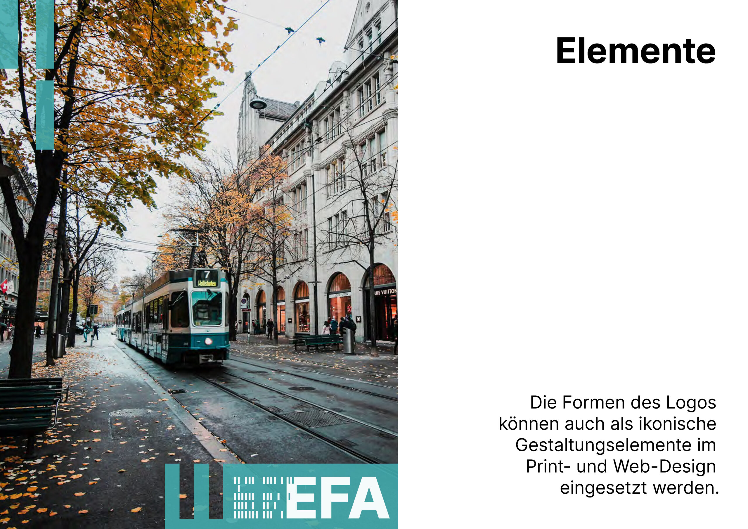 Eine Straßenbahn fährt durch eine von Bäumen gesäumte Straße in einer Stadt mit Herbstlaub, Bänken und Geschäften. Deutscher Text und ein türkisfarbenes Logo befinden sich auf der rechten Seite des Bildes.