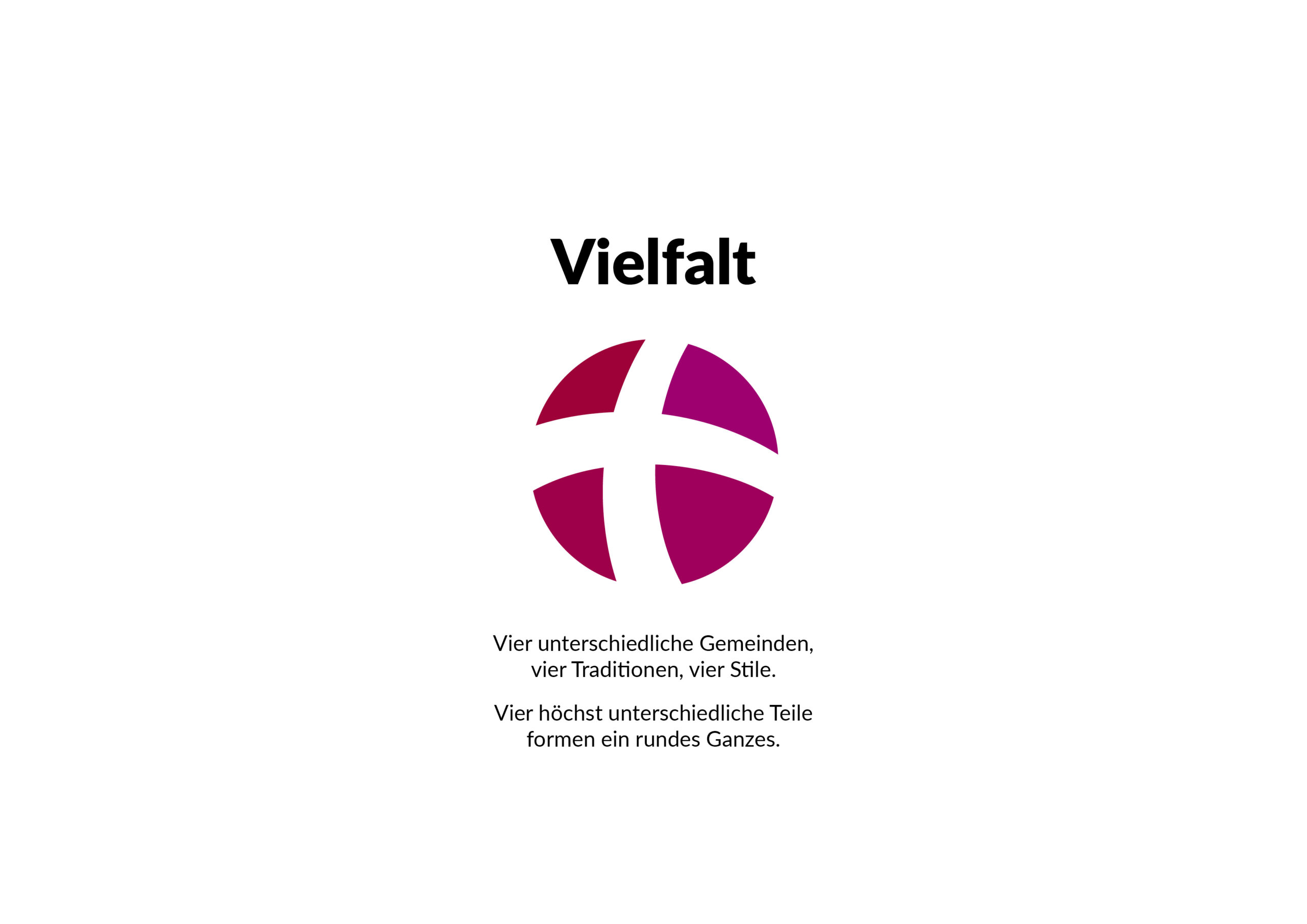 Eine kreisförmige magentafarbene Form, die in vier gebogene Segmente unterteilt ist, mit dem Wort Vielfalt darüber und einem deutschen Text über Vielfalt darunter.