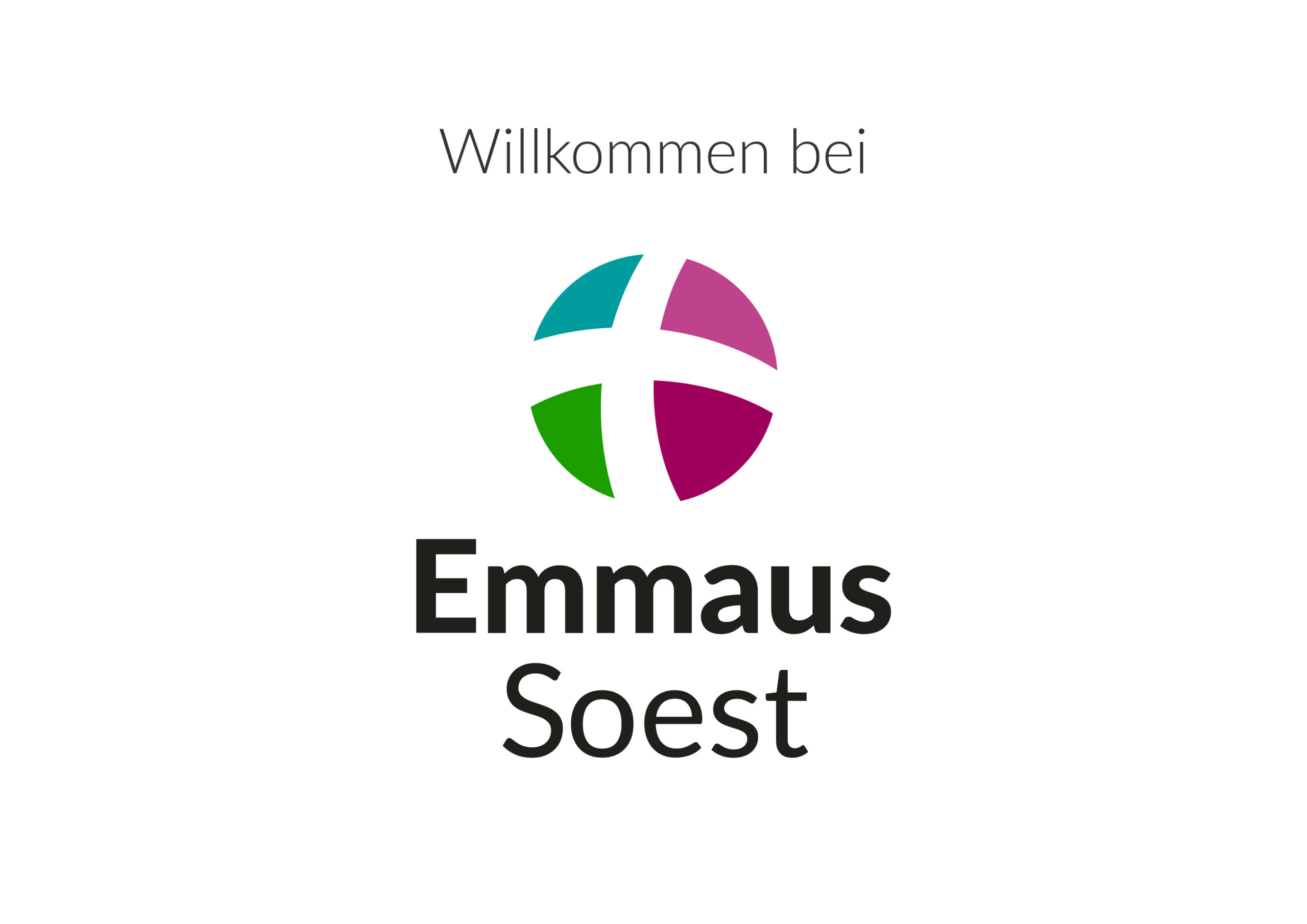 Logo mit einem in vier farbige Segmente unterteilten Kreissymbol über dem Text Willkommen bei Emmaus Soest auf weißem Hintergrund.