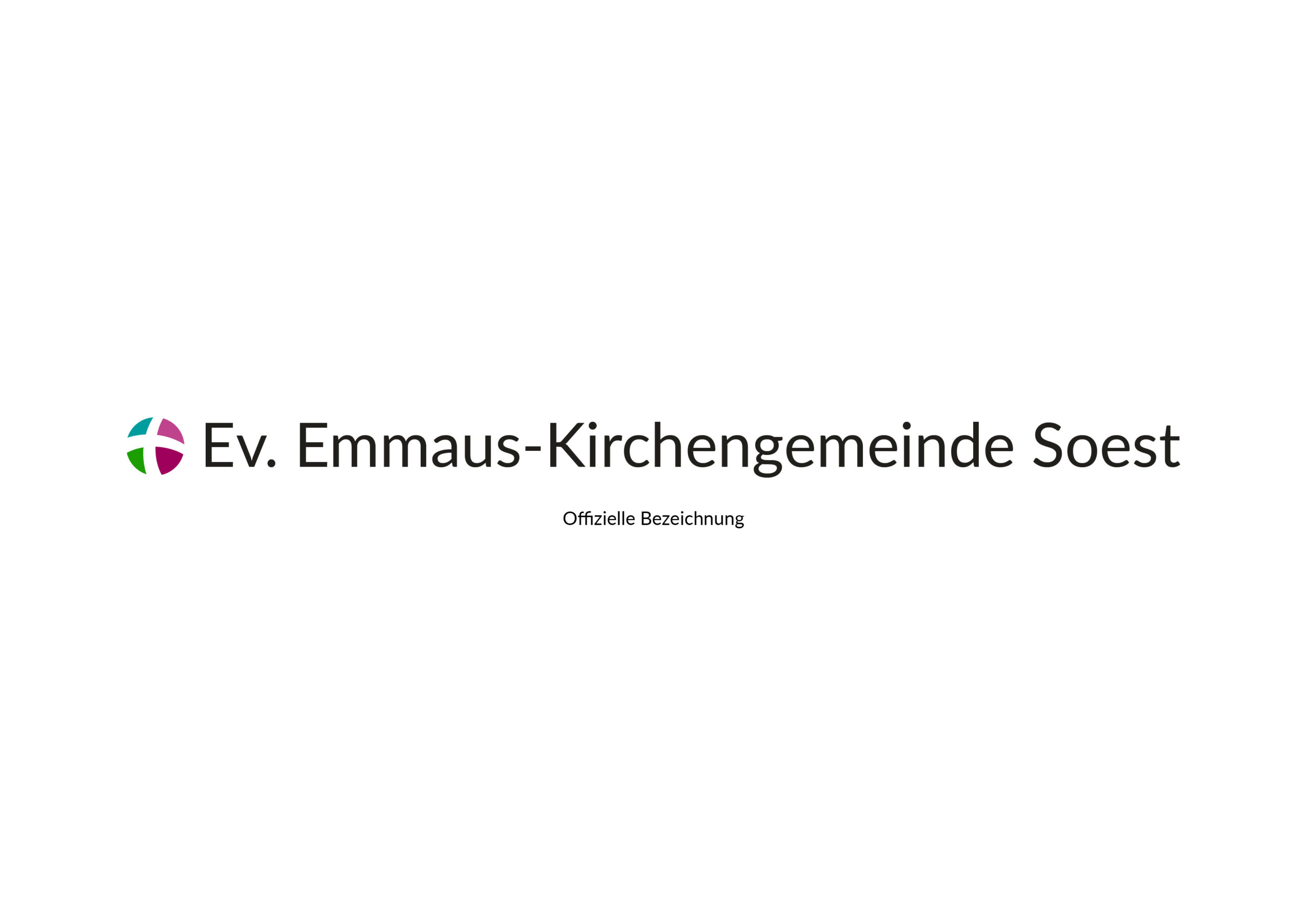Logo der Ev. Emmaus-Kirchengemeinde Soest mit einem kreisförmigen, mehrfarbigen Kreuz auf der linken Seite und Text in deutscher Sprache auf weißem Hintergrund.