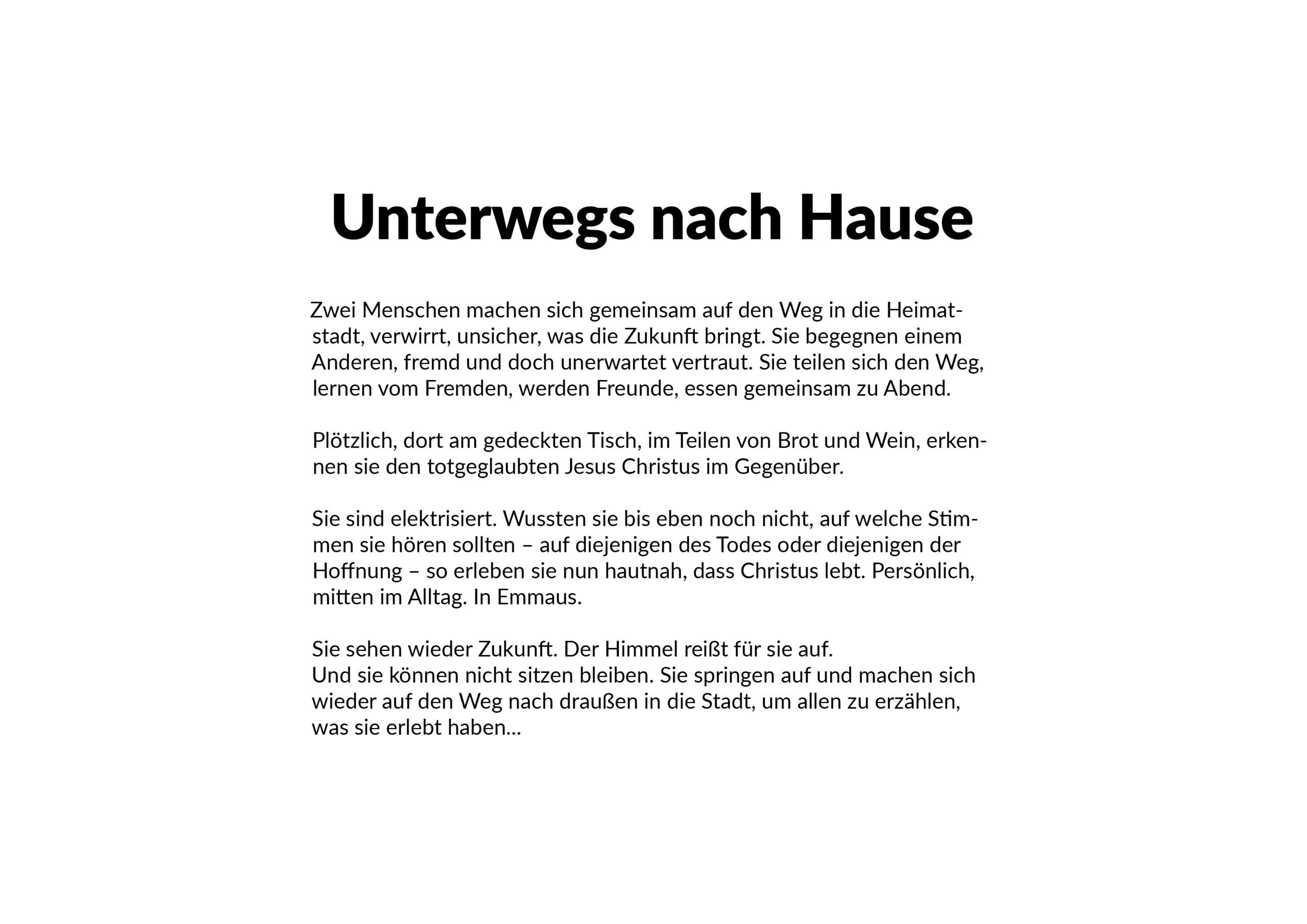 Eine Seite mit dem deutschen Titel "Unterwegs nach Hause" und Absätzen, die eine Reise nach Hause beschreiben und sich auf Jesus und Themen wie Glaube, Hoffnung und Zukunft beziehen.