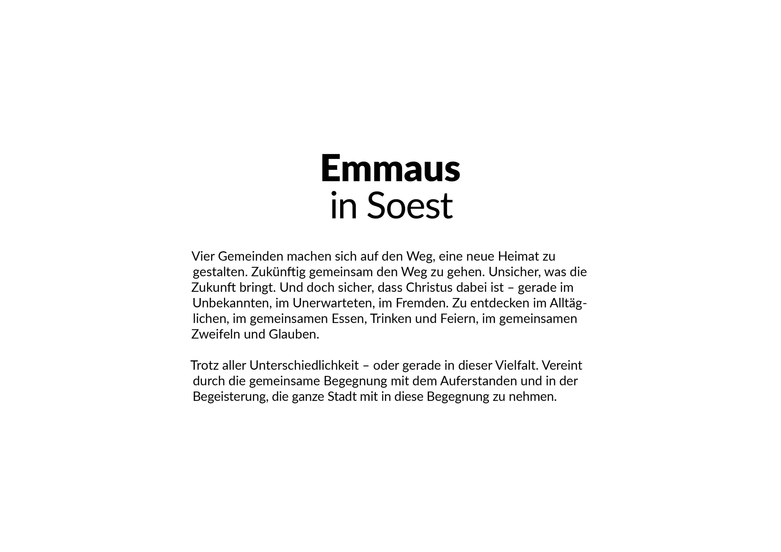 In der Mitte steht der deutsche Text: Emmaus in Soest mit zwei Absätzen darunter, die Gemeinschaft, Glauben und Vielfalt in einem zukunftsorientierten Kontext beschreiben.