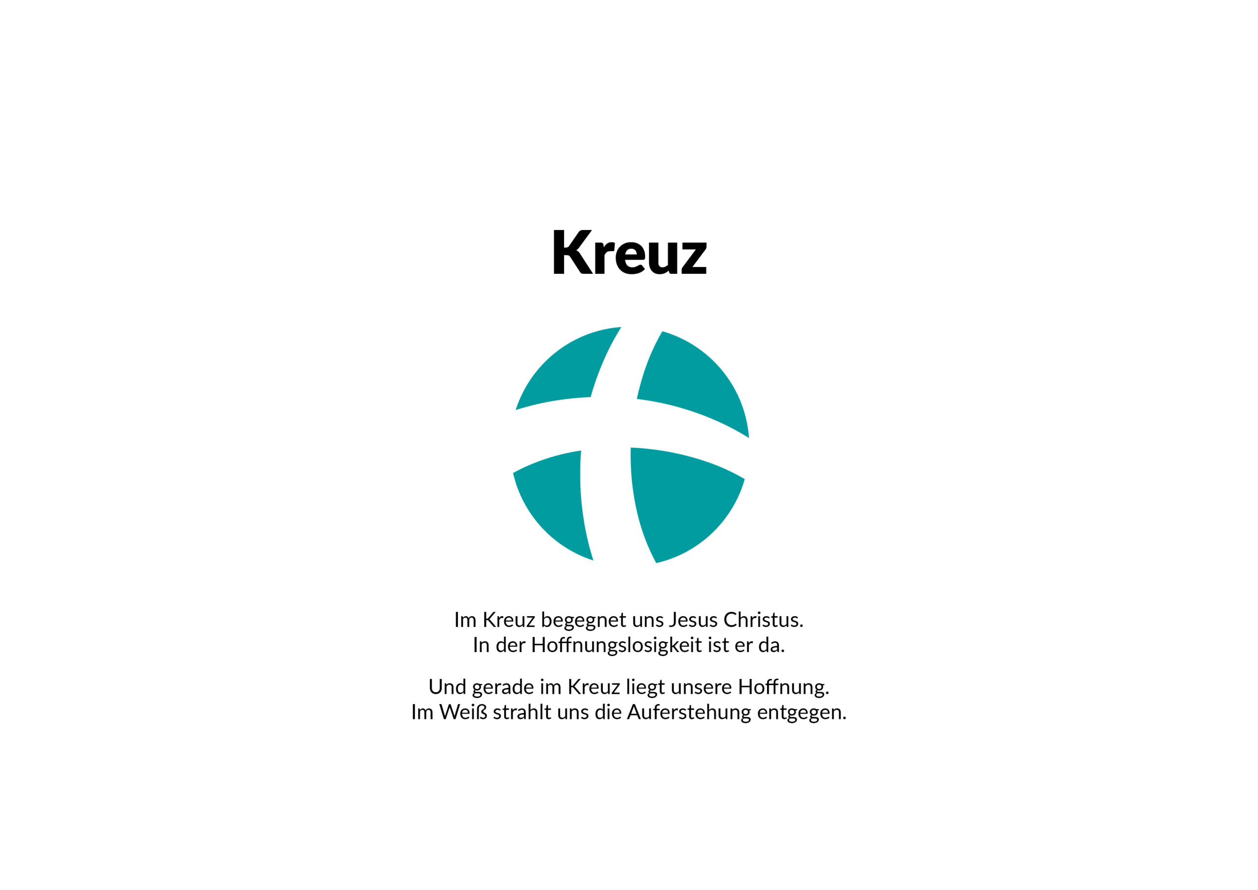 Ein blaugrünes Kreuzsymbol über einem deutschen Text über Hoffnung und Auferstehung durch das Kreuz Jesu Christi, alles auf weißem Hintergrund.