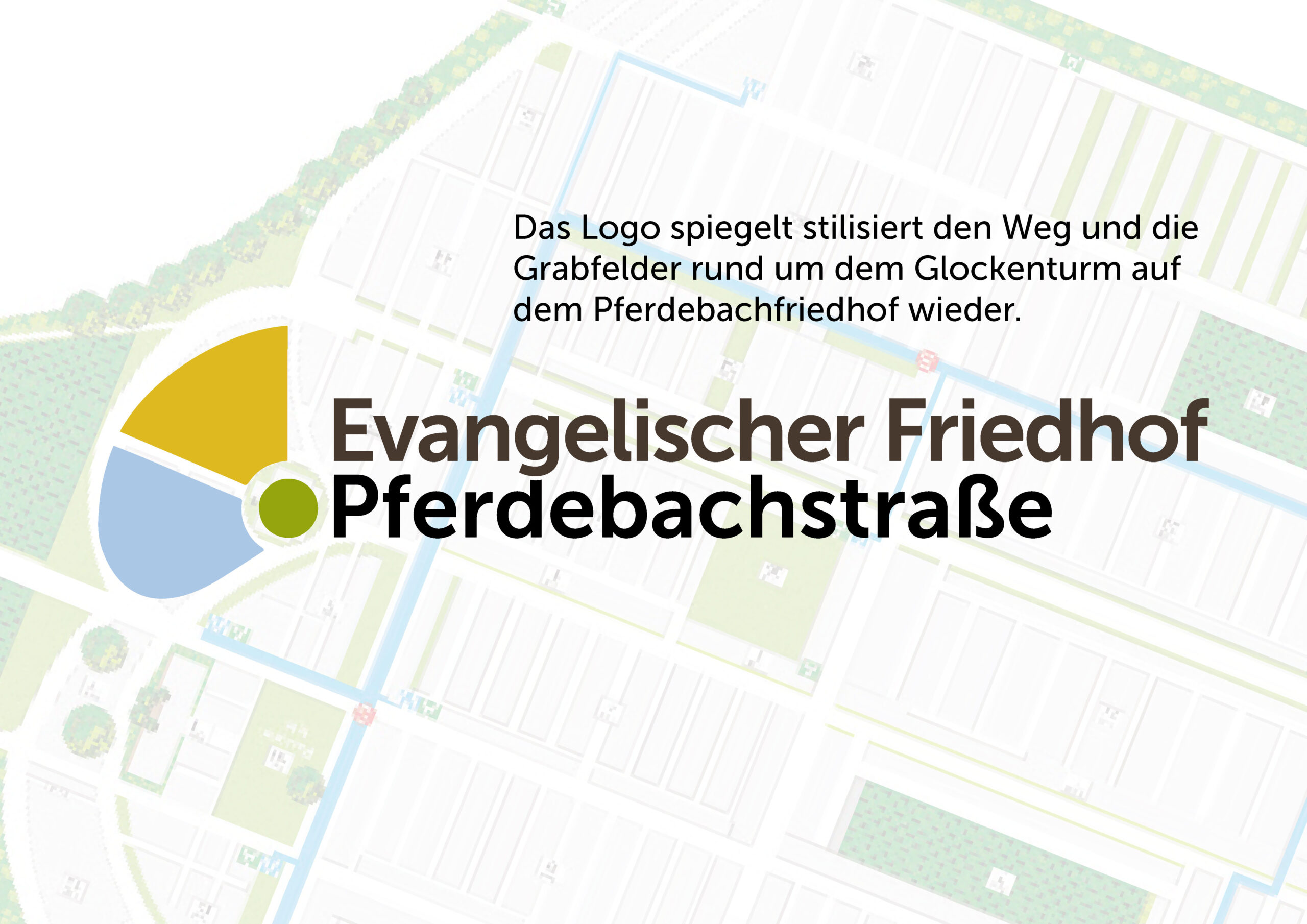 Karte mit stilisiertem Logo und deutschem Text für den Evangelischen Friedhof Pferdebachstraße, der die Logosymbolik der Wege und Gräber um einen Glockenturm beschreibt.