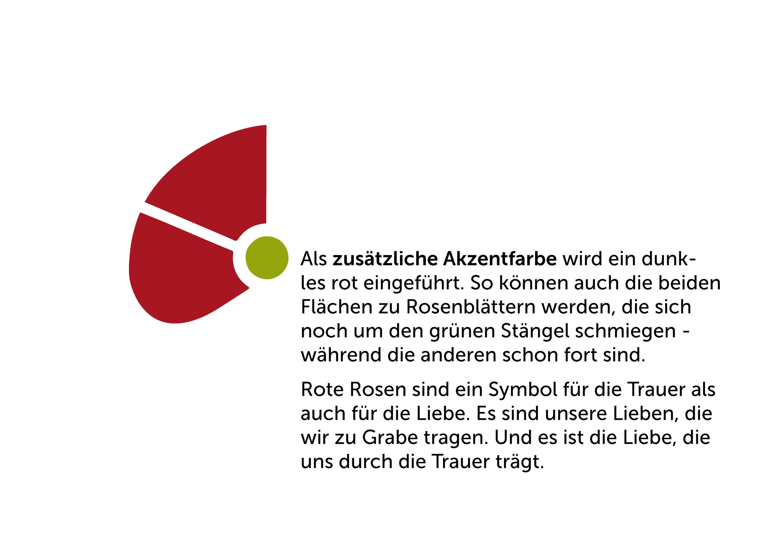 Ein Diagramm mit roten Formen, die Rosenblättern ähneln, und einem grünen Kreis, daneben ein deutscher Text, der die Verwendung von Rot als Akzentfarbe erklärt, die Liebe und Trauer symbolisiert.