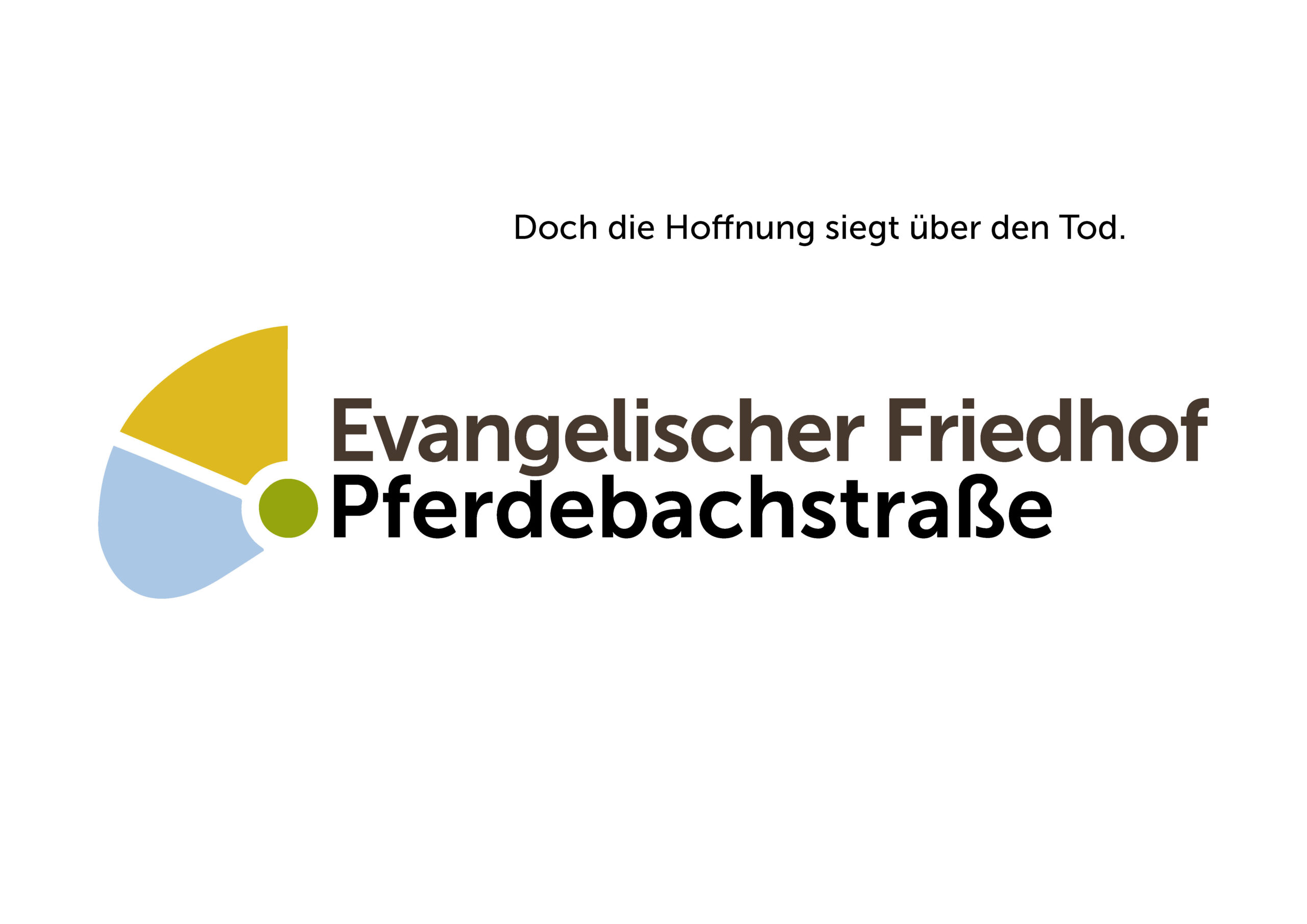 Logo des Evangelischen Friedhofs Pferdebachstraße mit der Aufschrift Doch die Hoffnung siegt über den Tod. und einer Grafik mit gelben und blauen Segmenten.