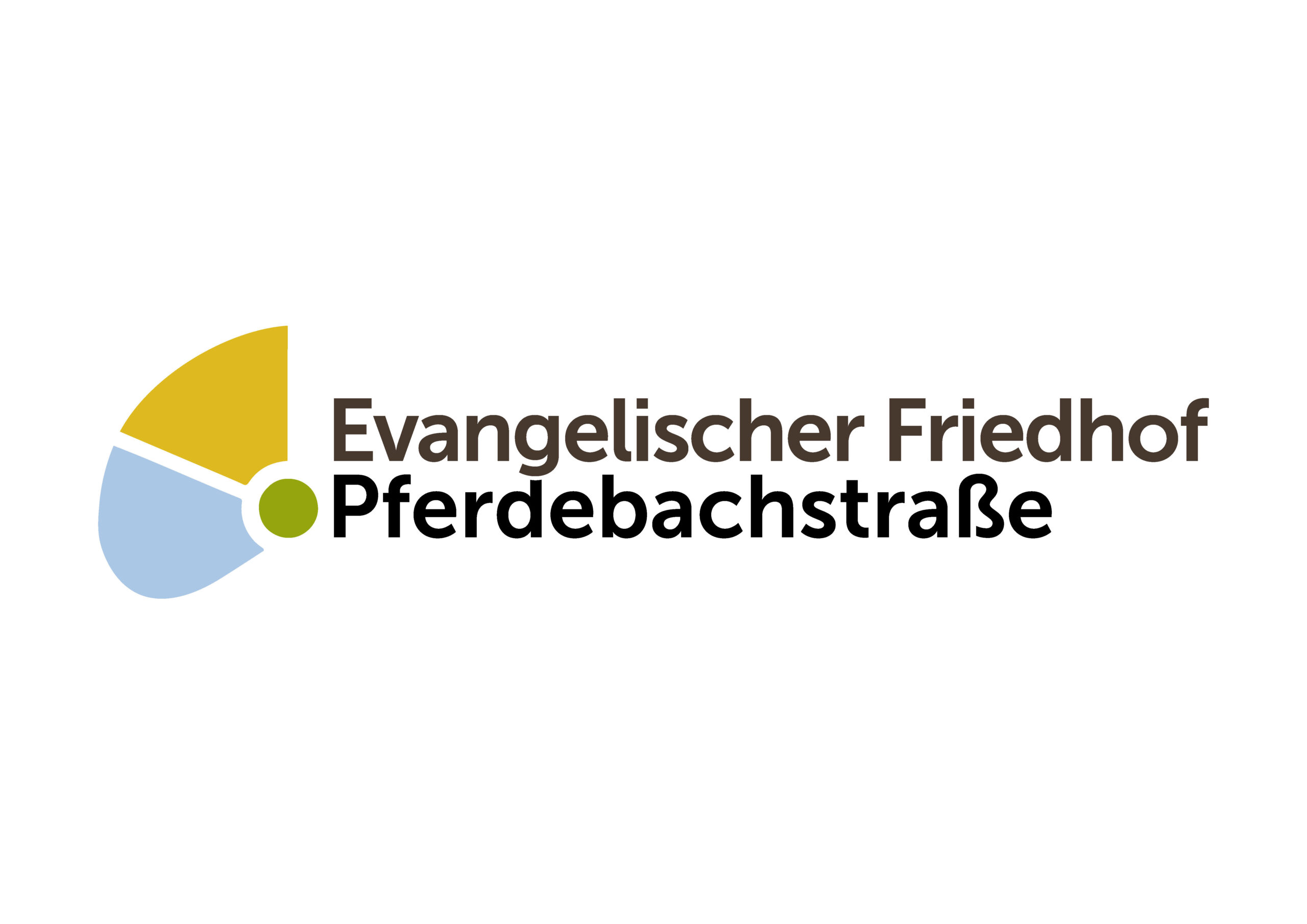 Logo mit gelben und blauen Halbkreisen und einem grünen Punkt, daneben der Text Evangelischer Friedhof Pferdebachstraße auf weißem Hintergrund.