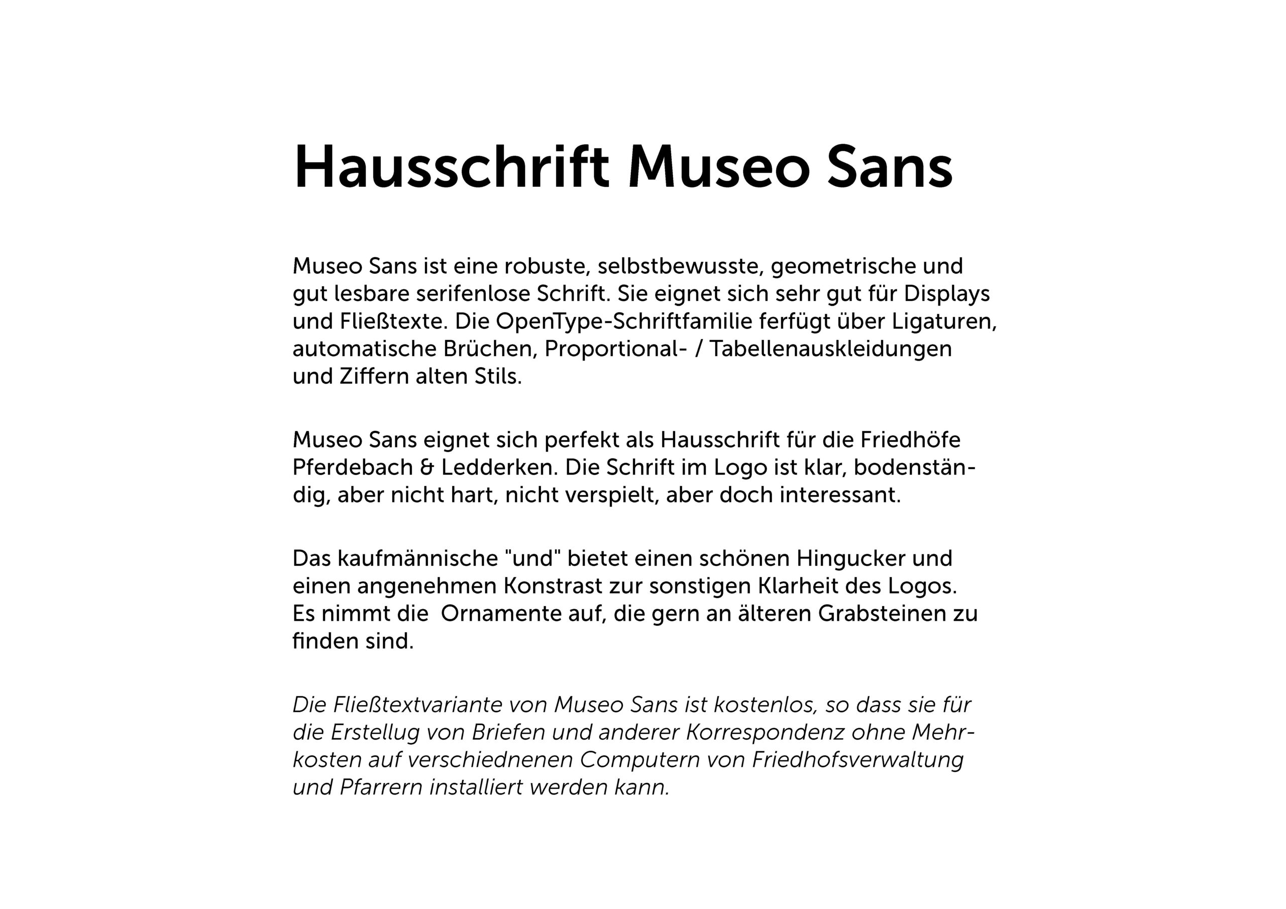 Eine Beispielseite, die die Hausschrift Museo Sans vorstellt und ihre Eigenschaften und Verwendung in Deutsch mit fetten Überschriften und normalem Absatztext zeigt.