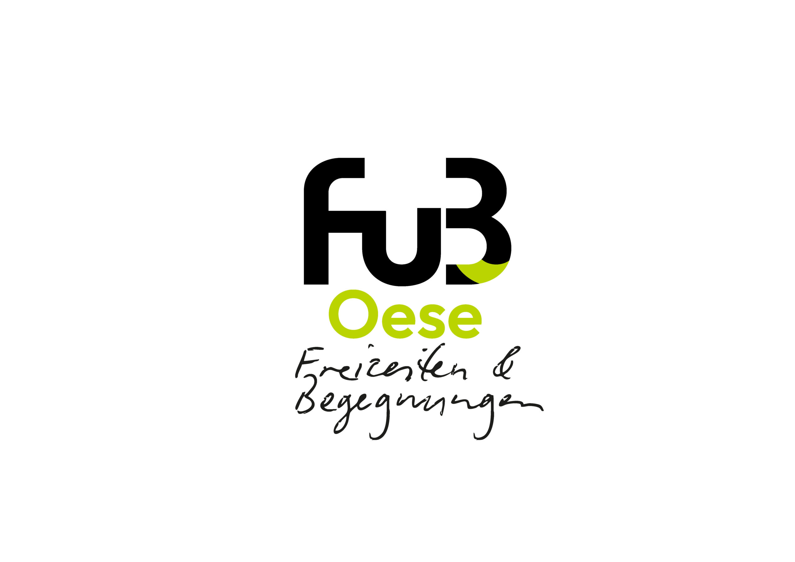 Logo mit dem Schriftzug FuB Oese in Schwarz und Grün, darunter der handschriftliche Schriftzug Freizeiten & Begegnungen auf weißem Hintergrund.