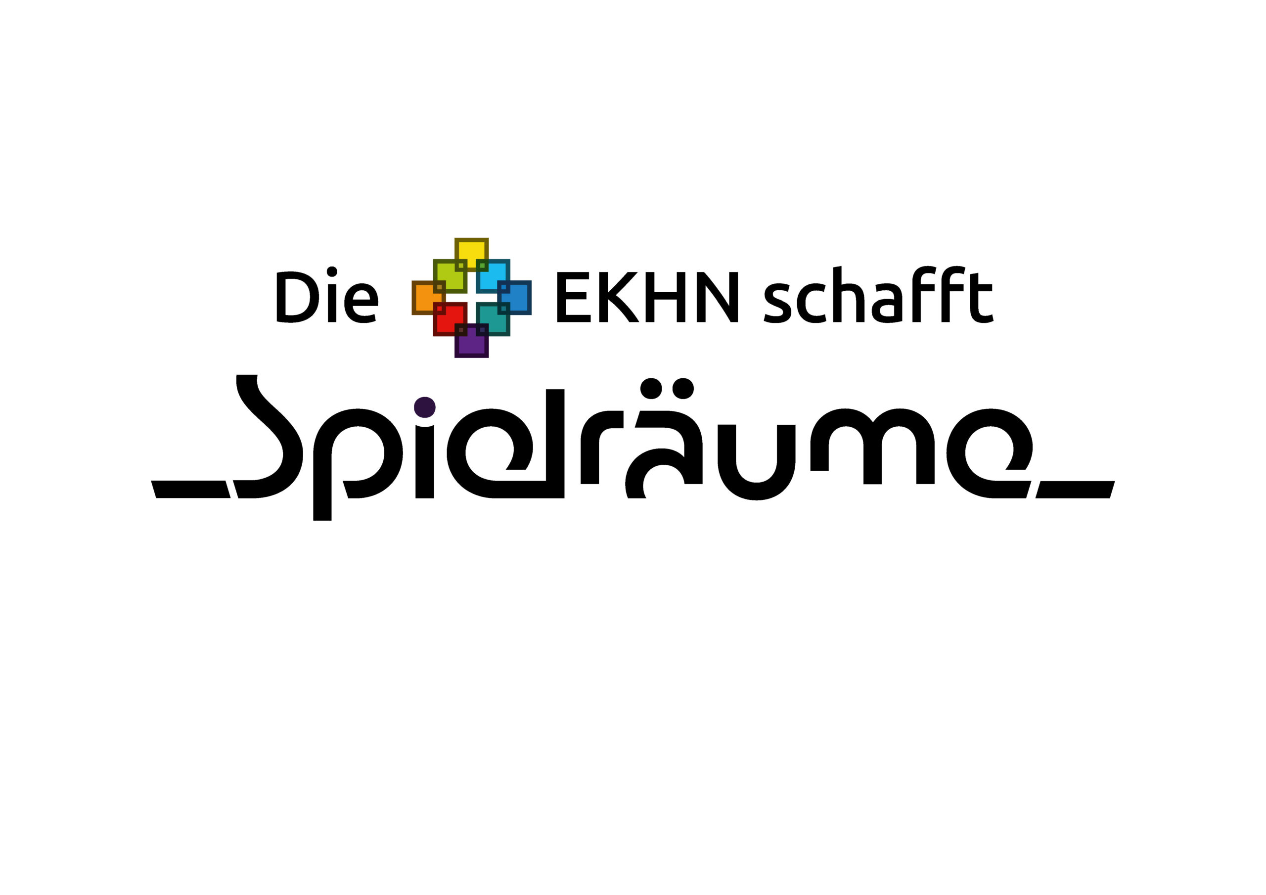 Logo mit einem bunten Mosaikkreuz, deutscher Text Die EKHN schafft Spielräume in schwarz auf weißem Hintergrund.