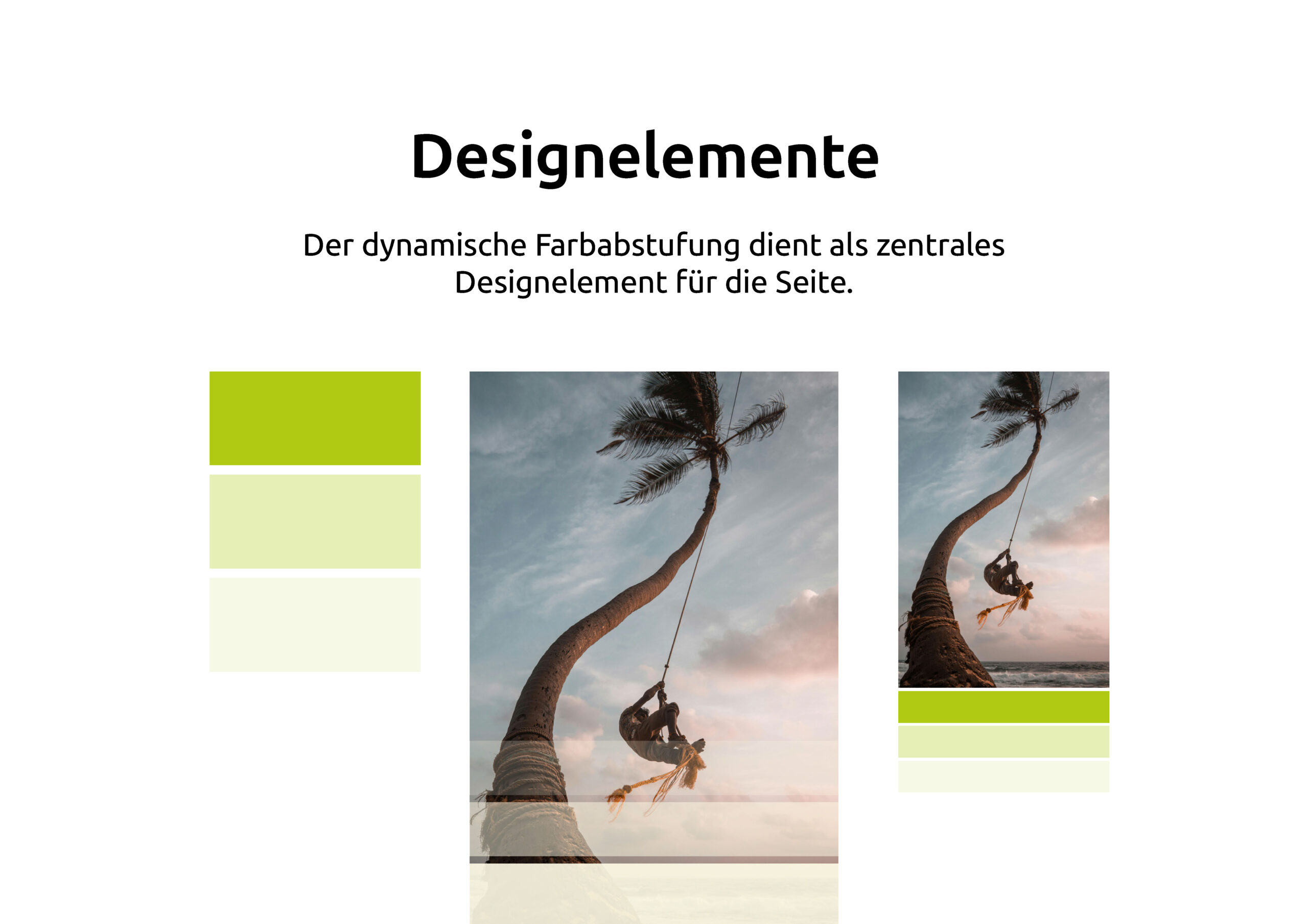 Zwei grüne Farbfelder, ein Foto einer Person, die sich bei Sonnenuntergang von einer schiefen Palme schwingt, und ein Text über dynamische Farbverläufe als Gestaltungselemente.