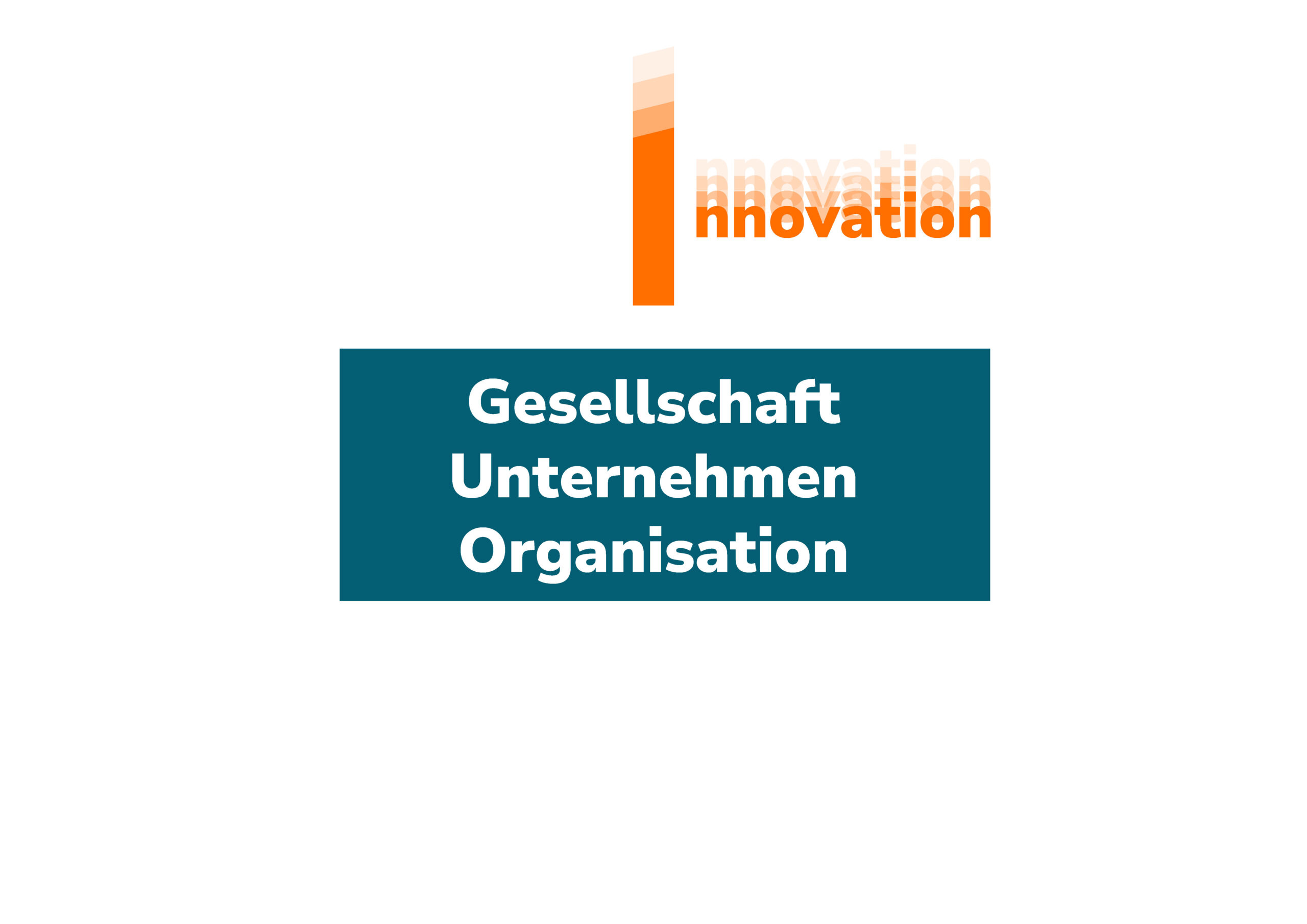 Balkendiagramm mit drei orangefarbenen Balken und dem Wort Innovation über einem blaugrünen Kasten, in dem Gesellschaft, Unternehmen, Organisation in weißer Schrift aufgeführt sind.