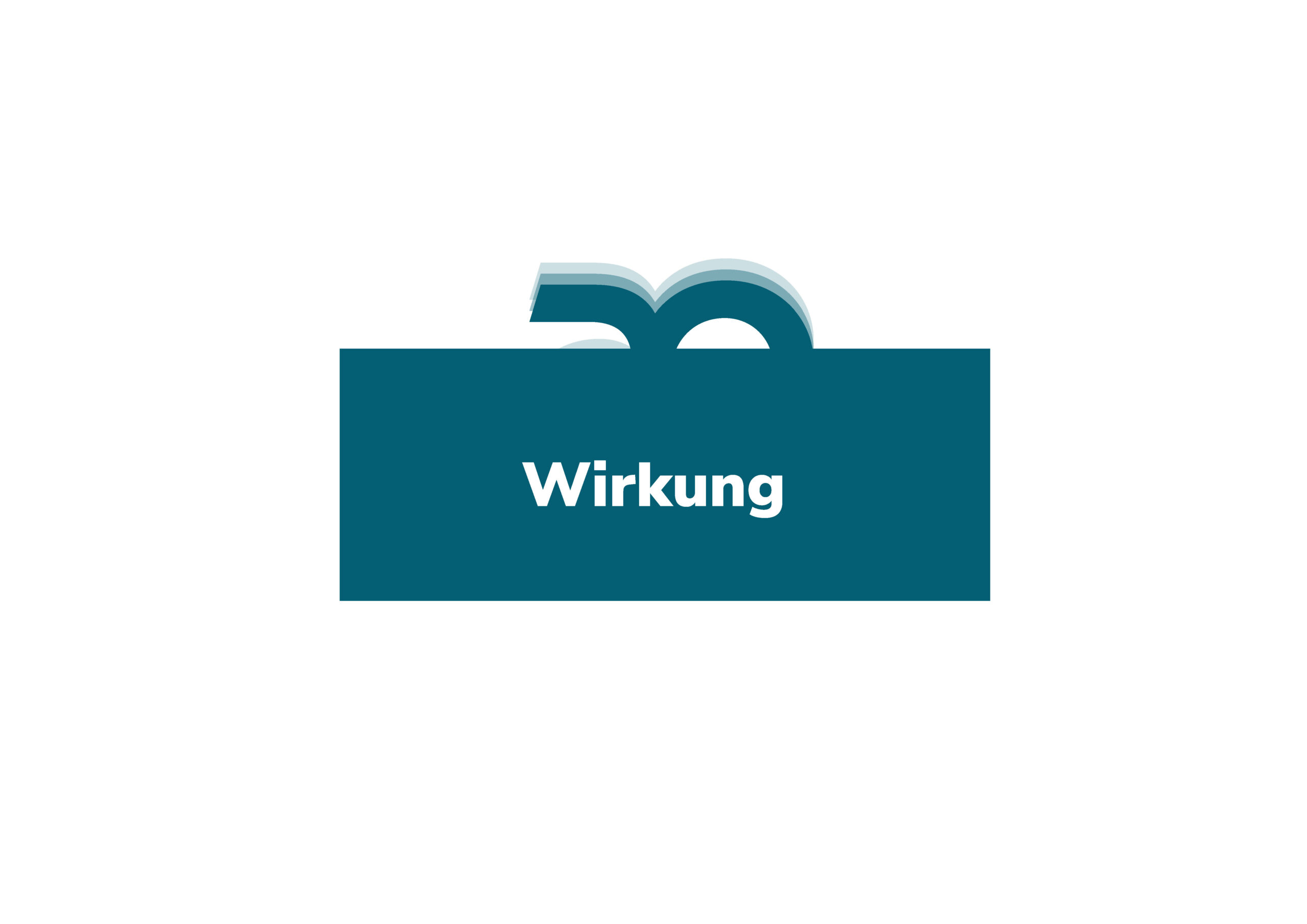 Ein blaugrünes Rechteck mit dem Wort Wirkung in weißer Schrift, gekrönt von einem stilisierten, geschichteten W, das teilweise über dem Rechteck auf weißem Hintergrund sichtbar ist.