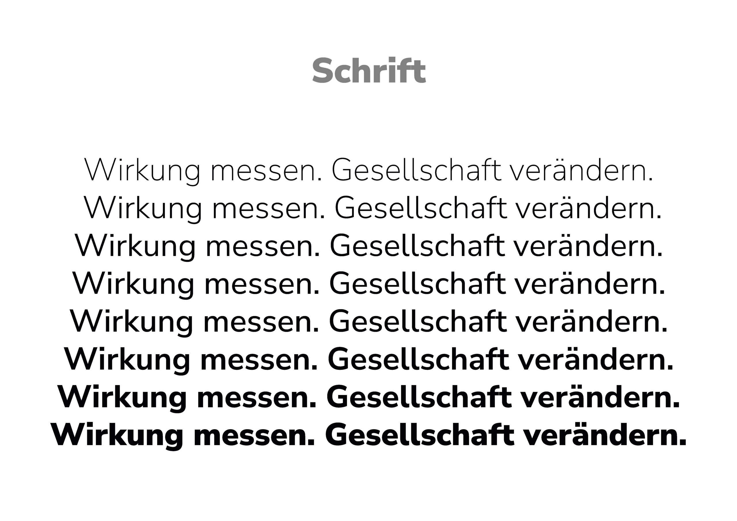 Text in verschiedenen Schriftstärken von leicht bis fett, mit der Aufschrift "Wirkung messen. Gesellschaft verändern." wiederholt unter der Überschrift "Schrift".