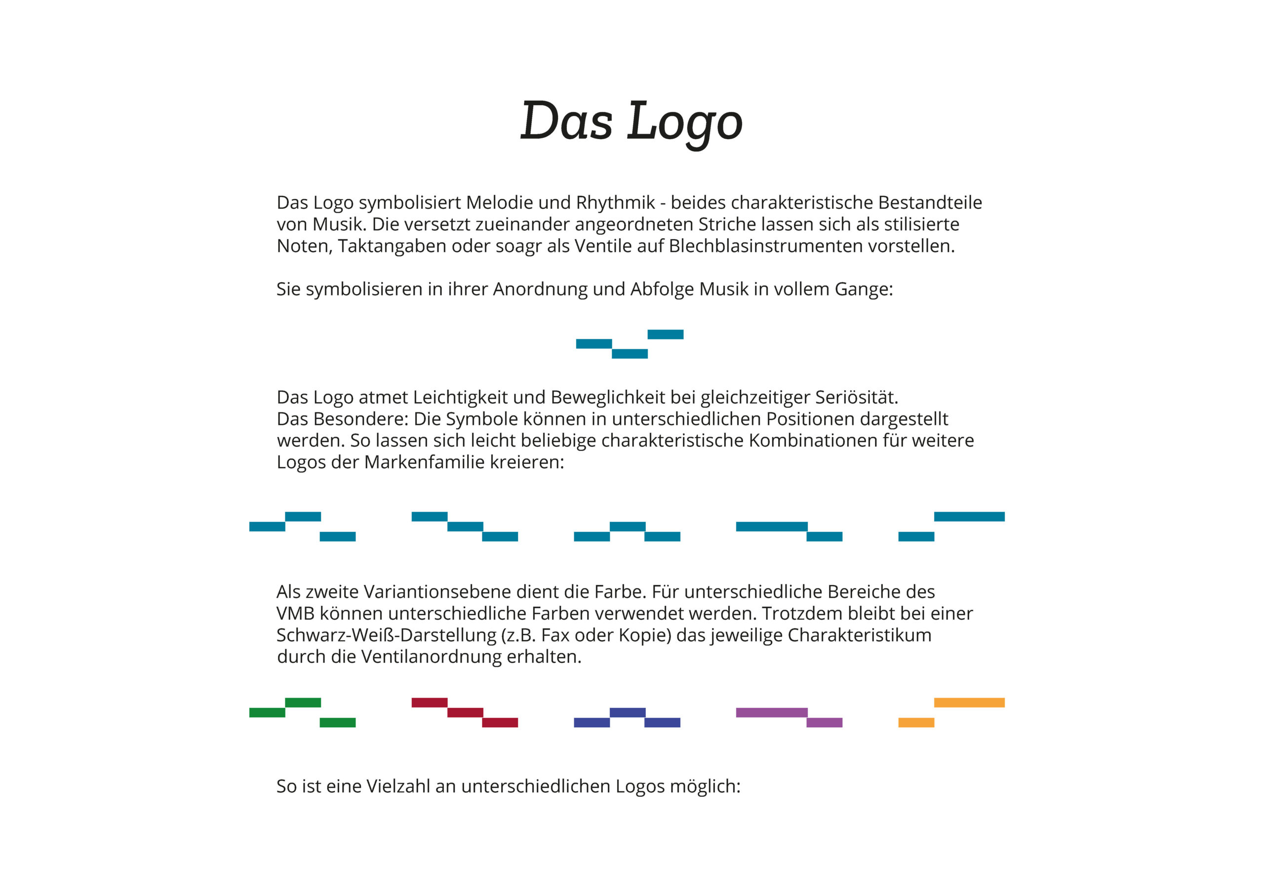 In einem deutschen Dokument mit dem Titel Das Logo wird ein Logodesign erläutert, bei dem farbige Balken einen musikalischen Rhythmus darstellen, mit Beispielen für verschiedene Farb- und Anordnungsmöglichkeiten.