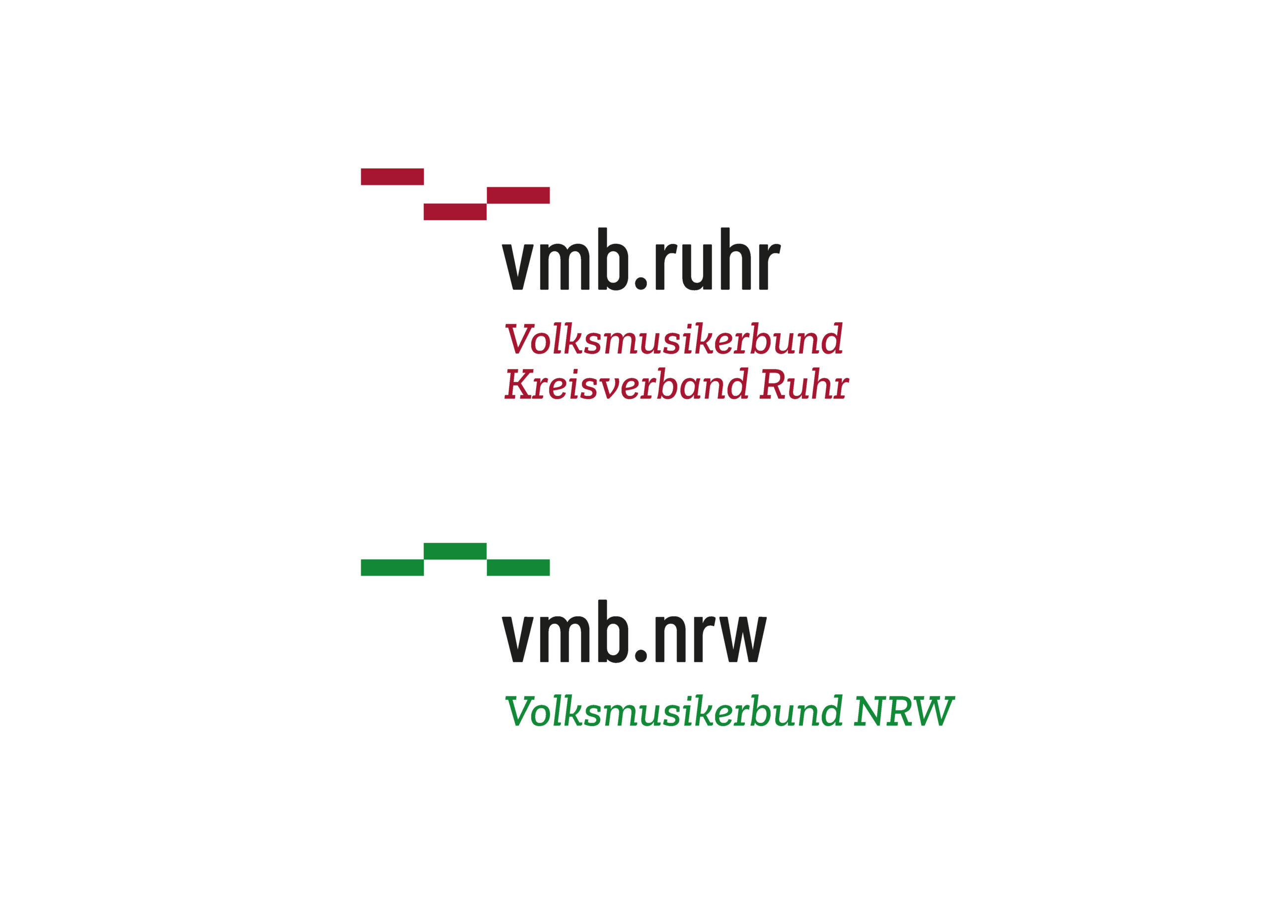 Zwei Logos: oben mit roten Balken und dem Text vmb.ruhr Volksmusikerbund Kreisverband Ruhr; unten mit grünen Balken und dem Text vmb.nrw Volksmusikerbund NRW.