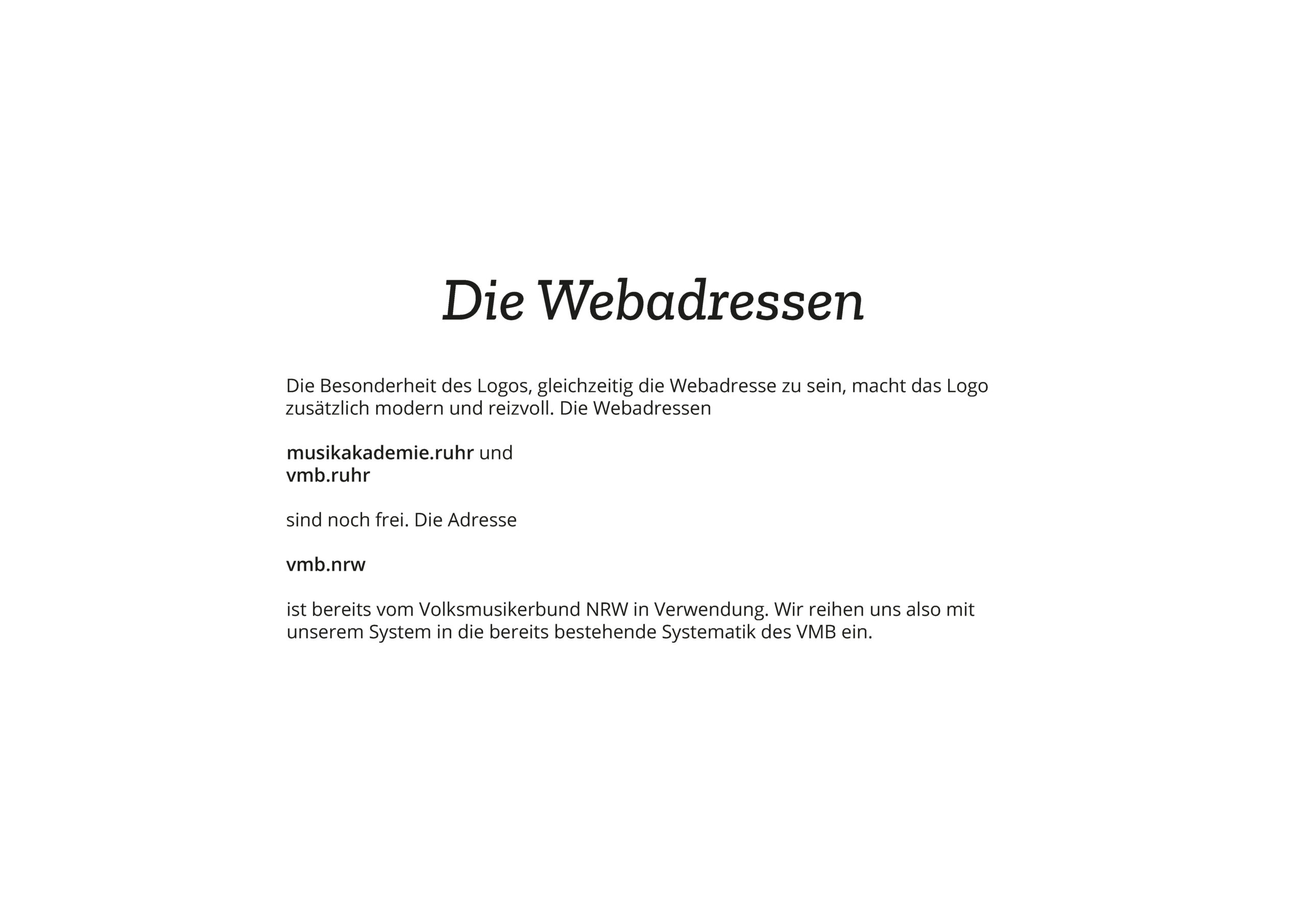 Weißer Hintergrund mit deutschem Text über Webadressen, in dem musikakademie.ruhr, vmb.ruhr und vmb.nrw erwähnt werden, sowie eine Beschreibung ihrer Verwendung.