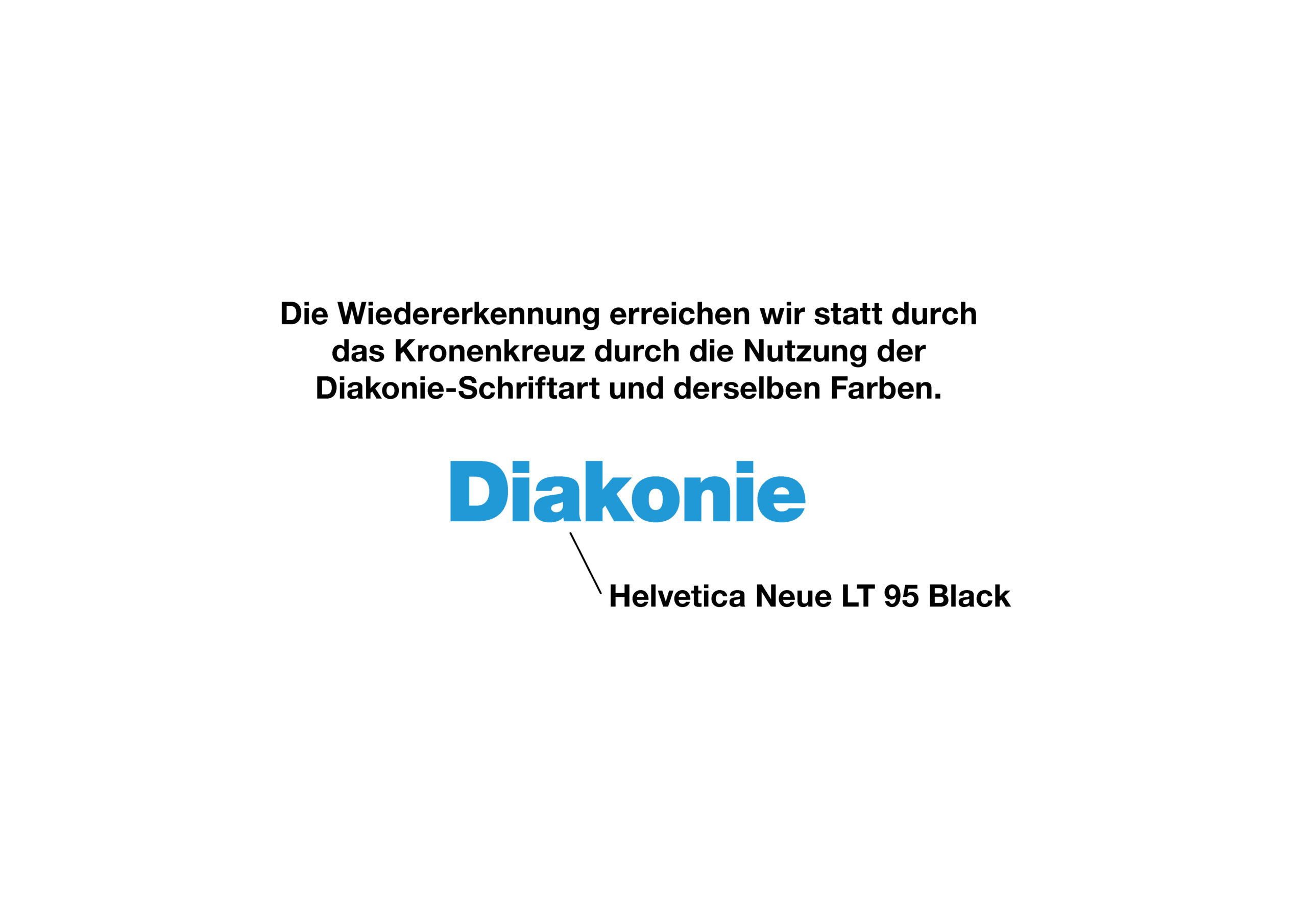 Ein Text auf Deutsch erklärt, dass die Wiedererkennung durch die Verwendung der Diakonie-Schriftart und -Farben erreicht wird. Die Diakonie ist in der blauen Helvetica Neue LT 95 Black dargestellt.