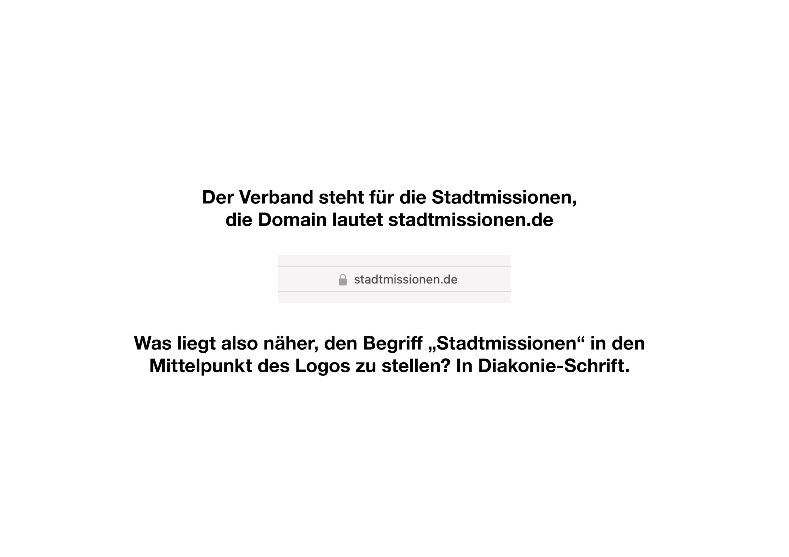Text auf Deutsch, der erklärt, dass der Verein Stadtmissionen vertritt und die Domain stadtmissionen.de verwendet, wobei die Domain in einer grauen Suchleiste angezeigt wird.