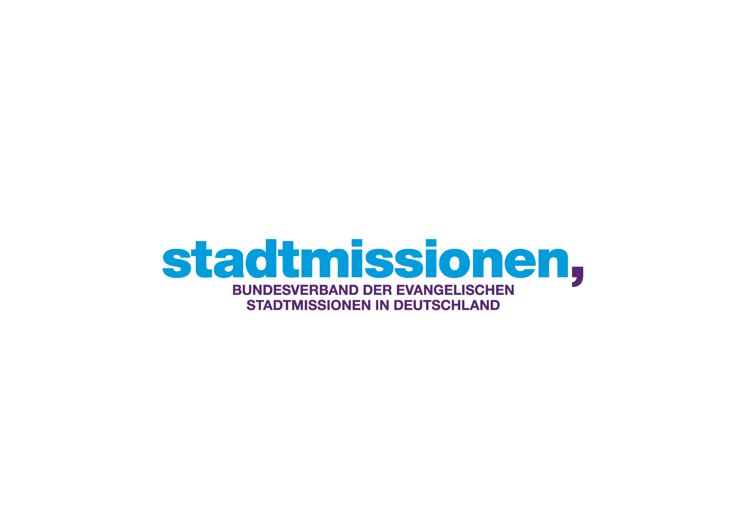 Logo mit dem blauen Text stadtmissionen, darüber lila Text Bundesverband der evangelischen Stadtmissionen in Deutschland auf weißem Hintergrund.