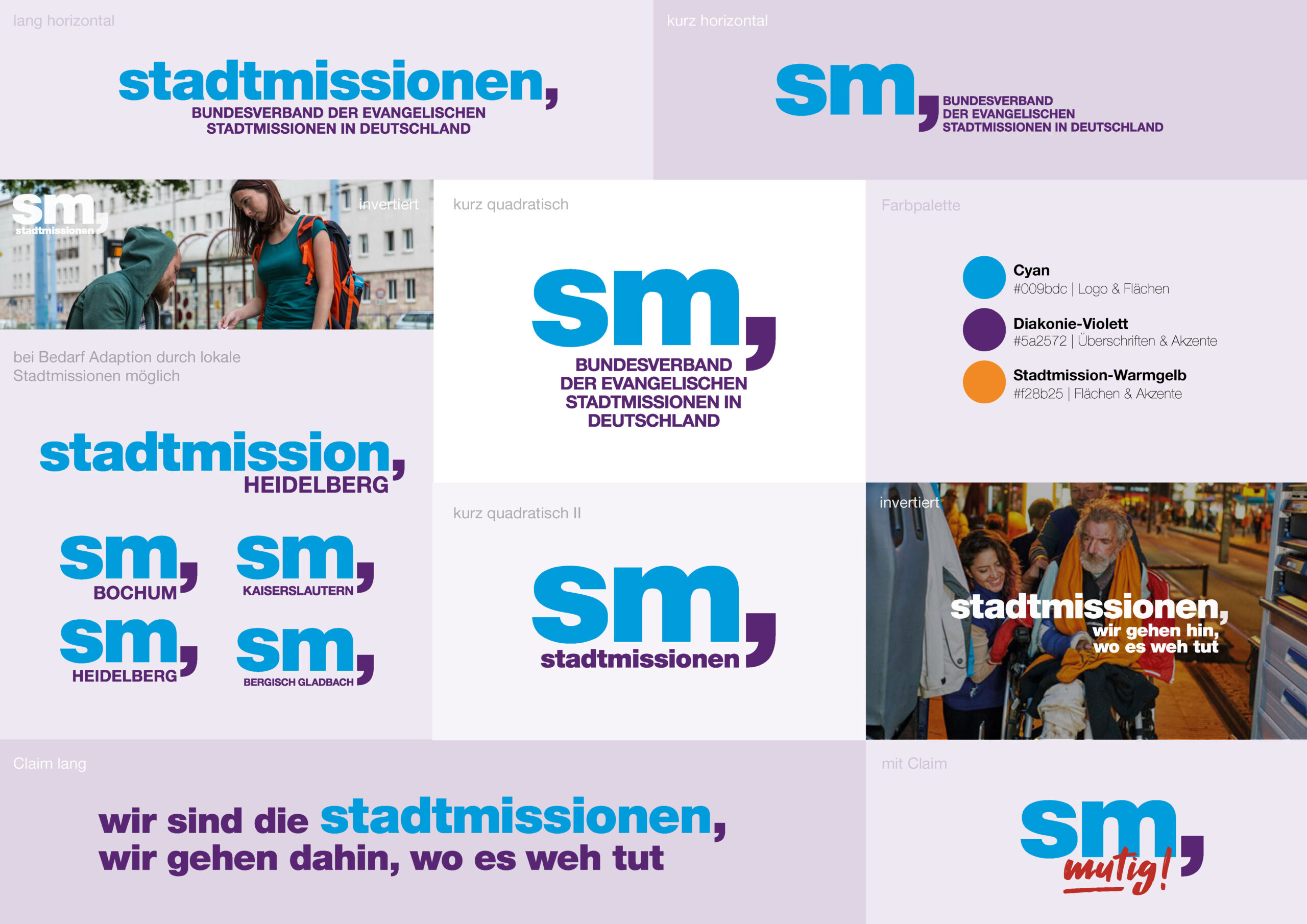 Ein Branding-Styleguide mit verschiedenen blauen und violetten stadtmissionen-Logos, Farbpaletten und Designlayouts für die deutsche Organisation.